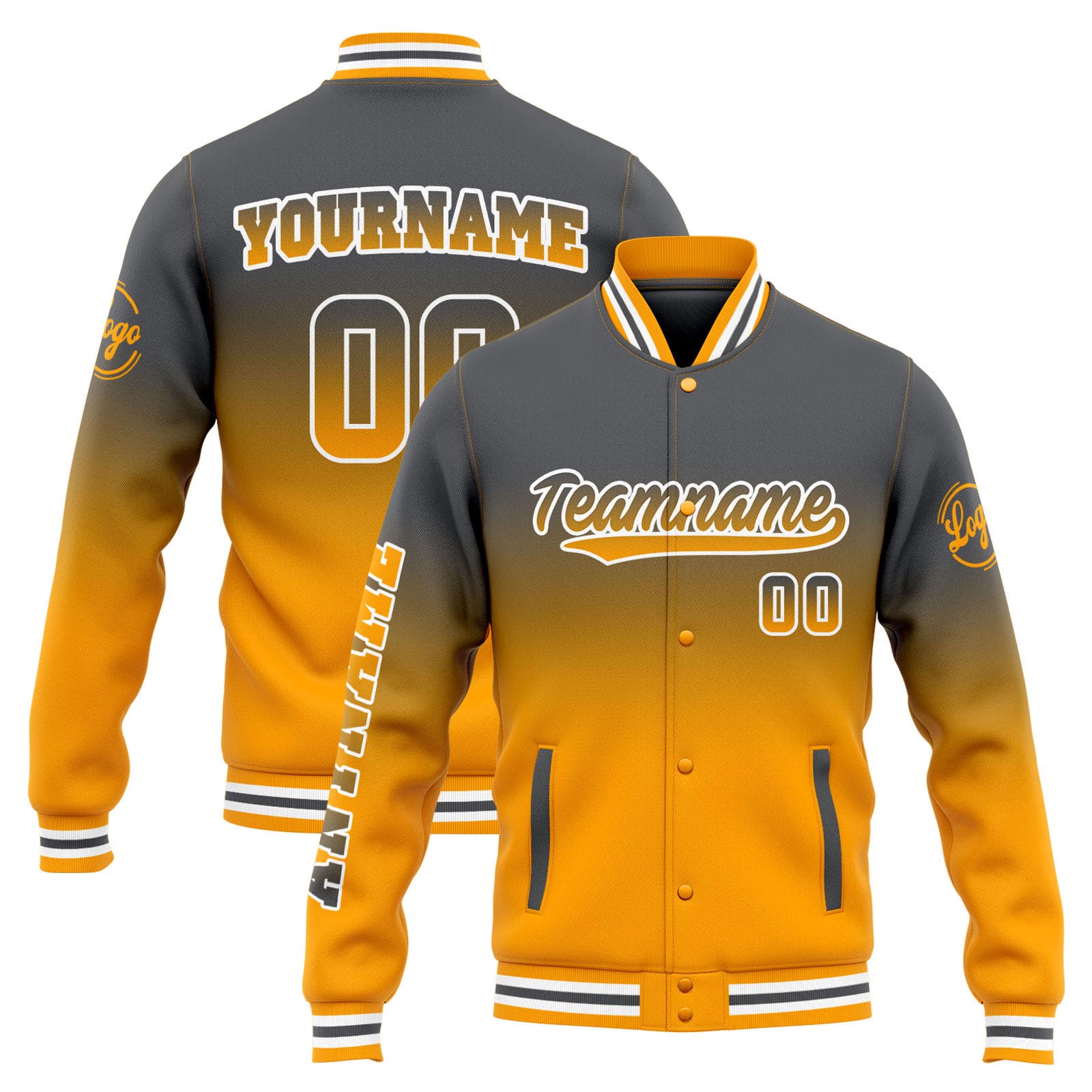 Custom Grey Yellow Gradient Varsity Jacket for Men Women and Youth with Personalized Letterman Jacket 