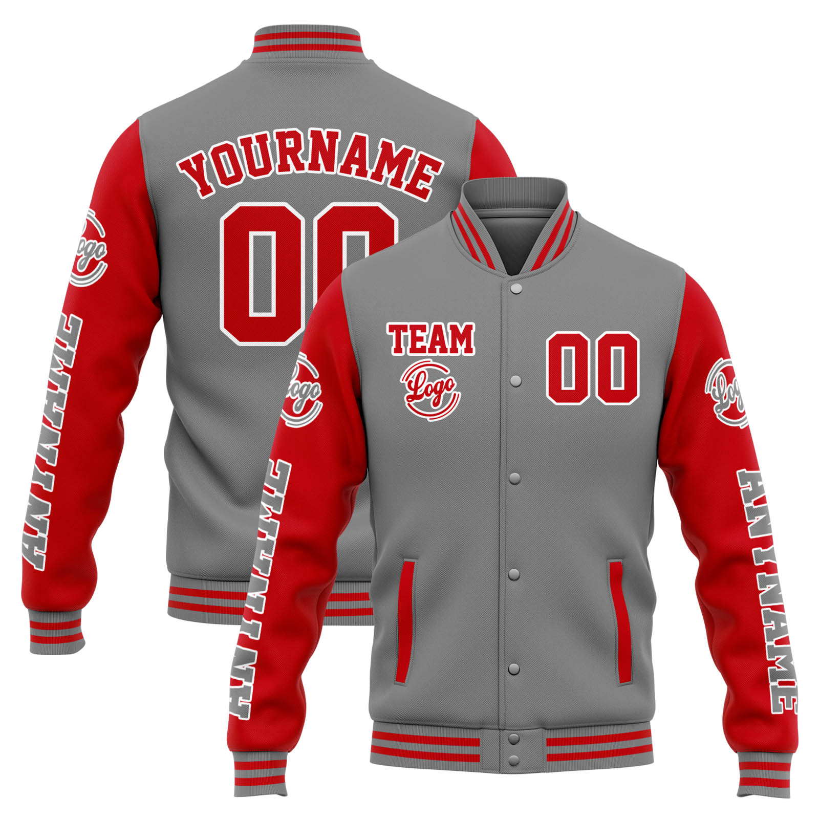 Custom Grey Red Varsity Jacket for Men Women and Youth with Personalized Letterman Jacket 