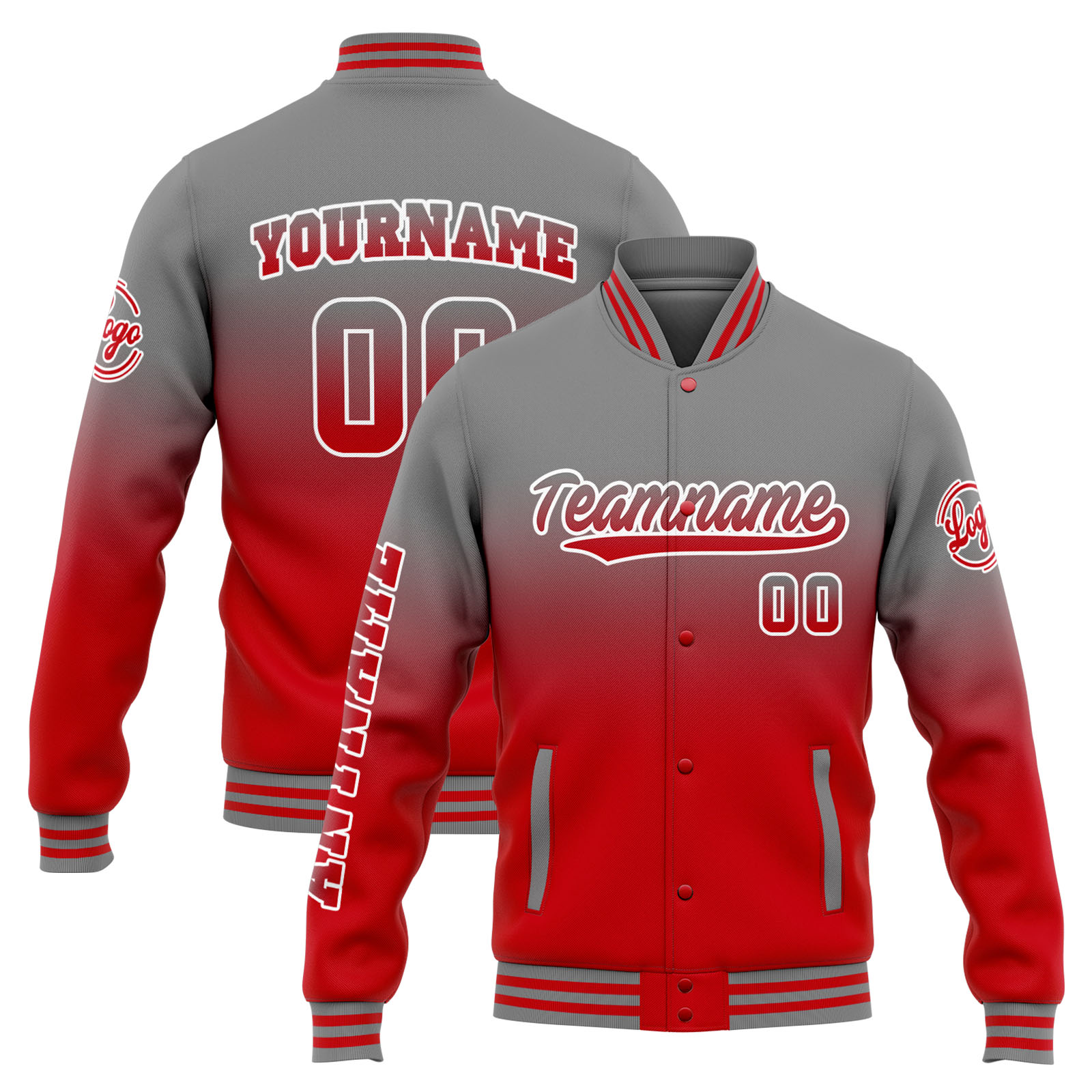 Custom Grey Red Gradient Varsity Jacket for Men Women and Youth with Personalized Letterman Jacket 
