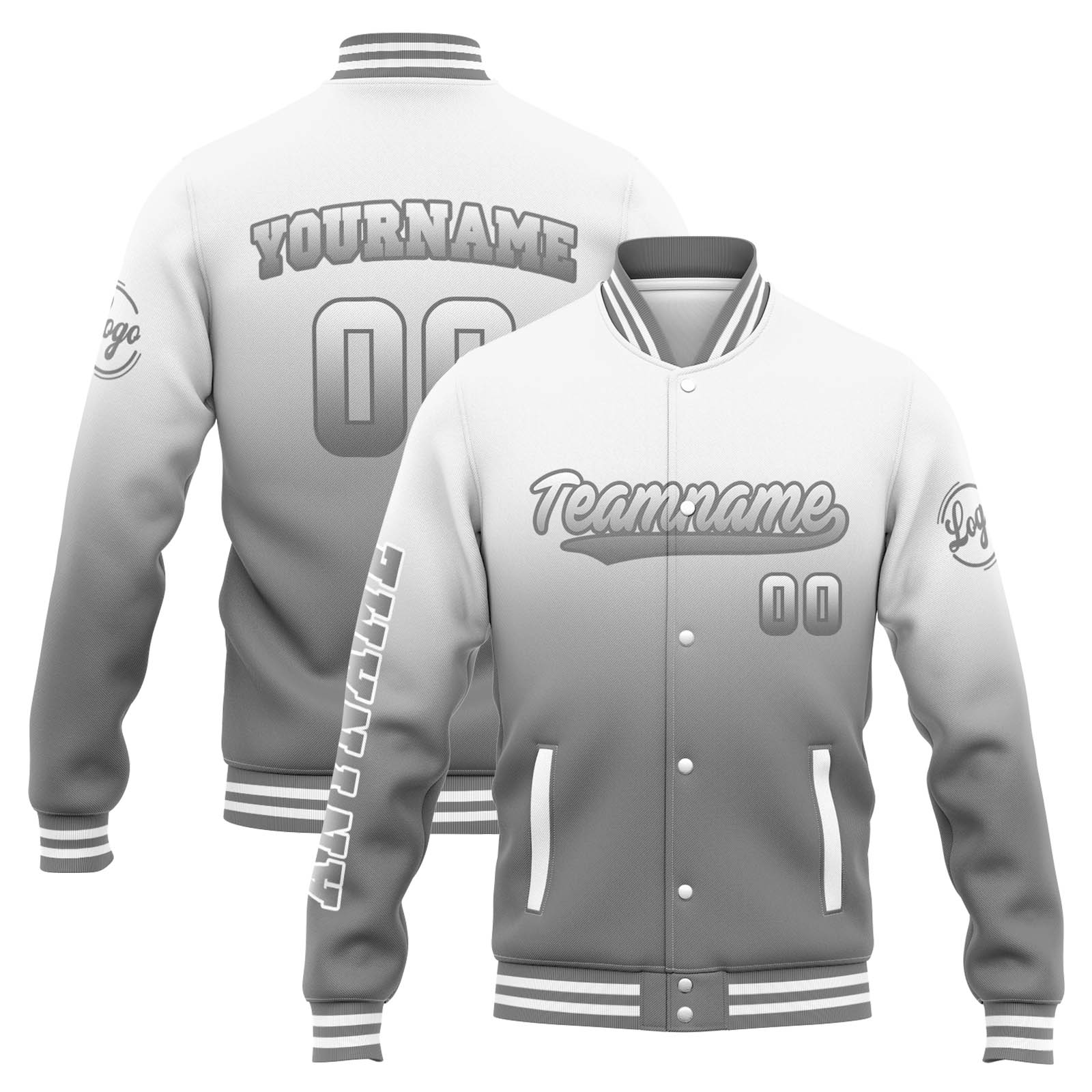 Custom White Grey Gradient Varsity Jacket for Men Women and Youth with Personalized Letterman Jacket 