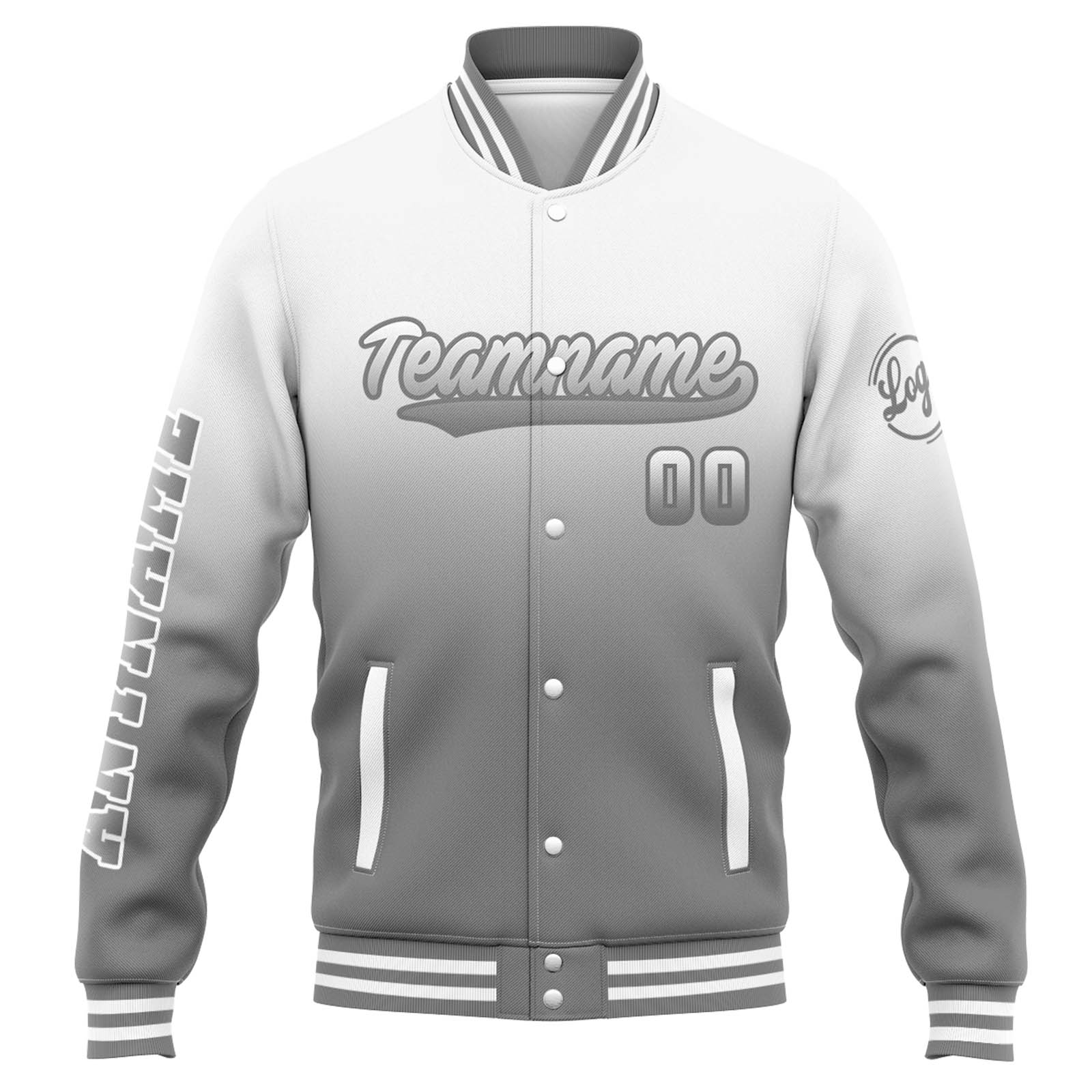 Custom White Grey Gradient Varsity Jacket for Men Women and Youth with Personalized Letterman Jacket 