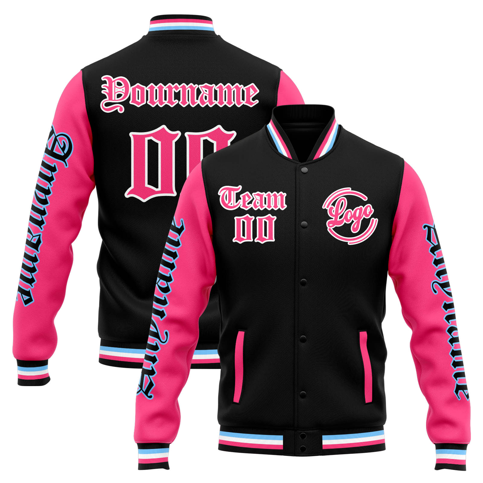 Custom Black Pink Varsity Jacket for Men Women and Youth with Personalized Letterman Jacket 