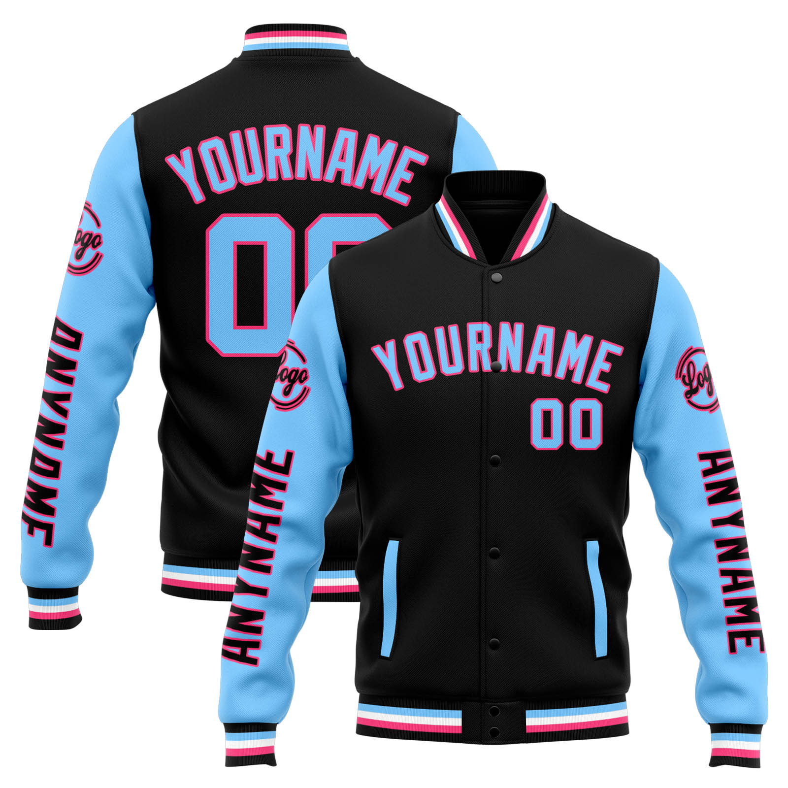 Custom Black Light Blue Varsity Jacket for Men Women and Youth with Personalized Letterman Jacket 