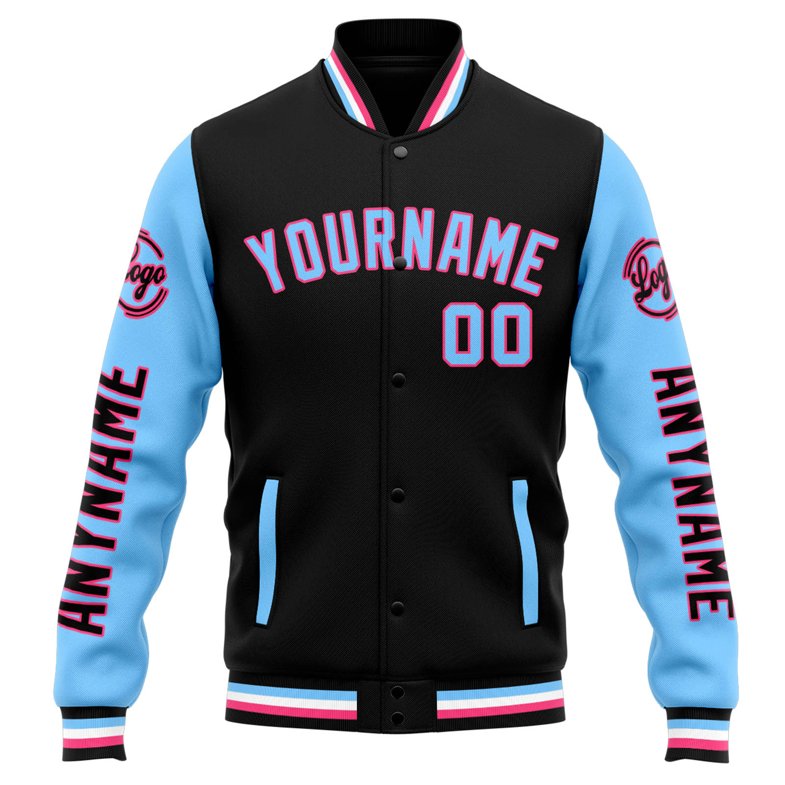 Custom Black Light Blue Varsity Jacket for Men Women and Youth with Personalized Letterman Jacket 