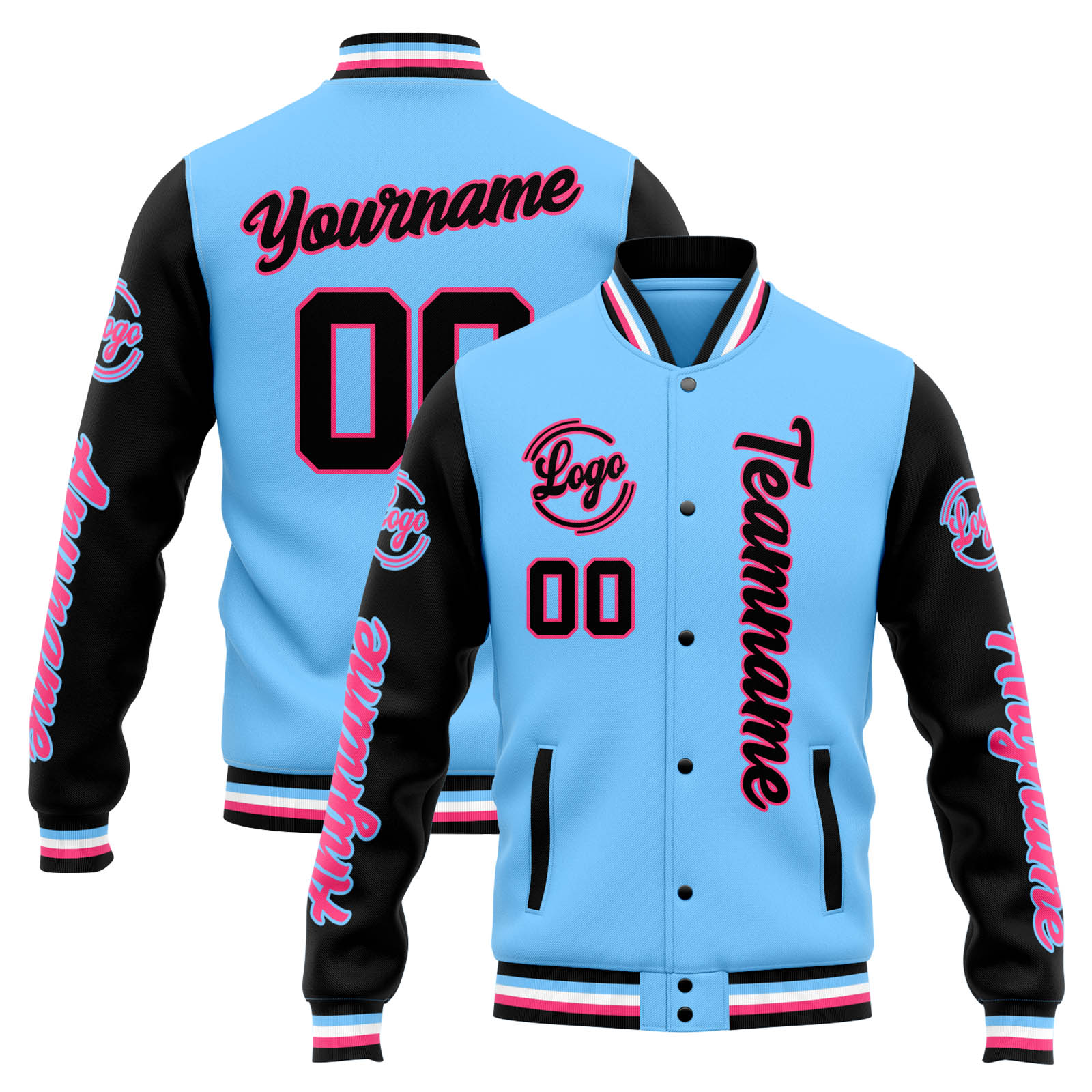 Custom Light Blue Black Varsity Jacket for Men Women and Youth with Personalized Letterman Jacket 