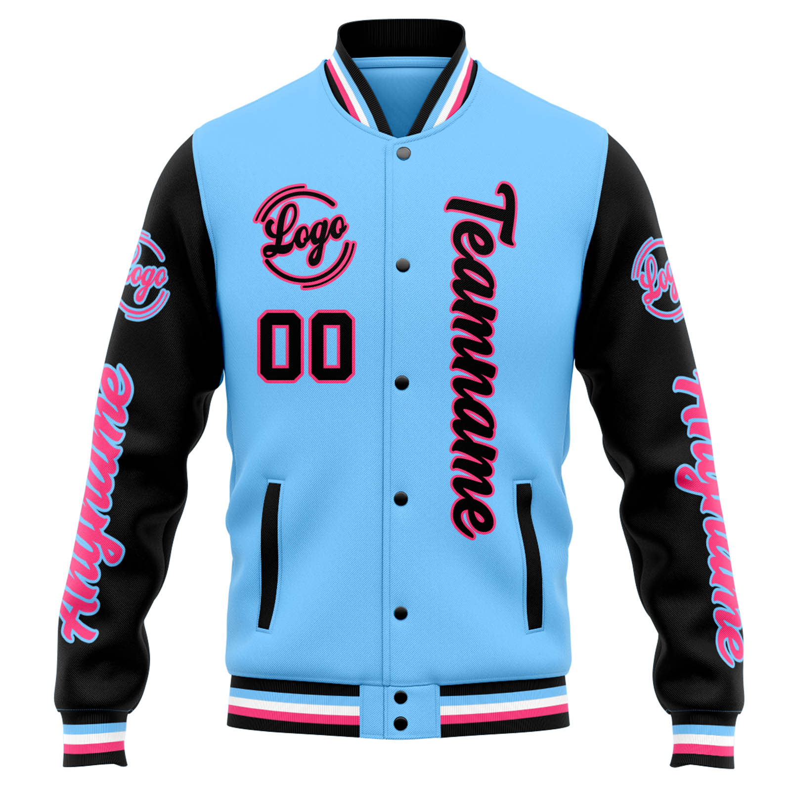 Custom Light Blue Black Varsity Jacket for Men Women and Youth with Personalized Letterman Jacket 