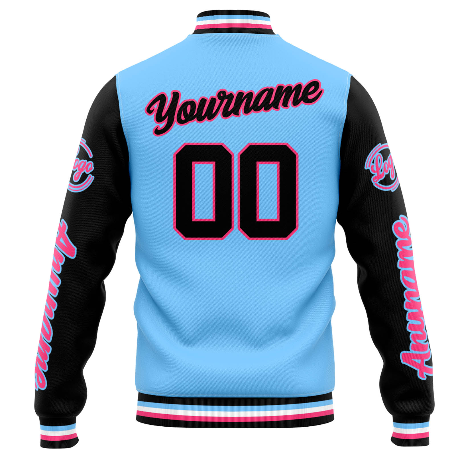 Custom Light Blue Black Varsity Jacket for Men Women and Youth with Personalized Letterman Jacket 