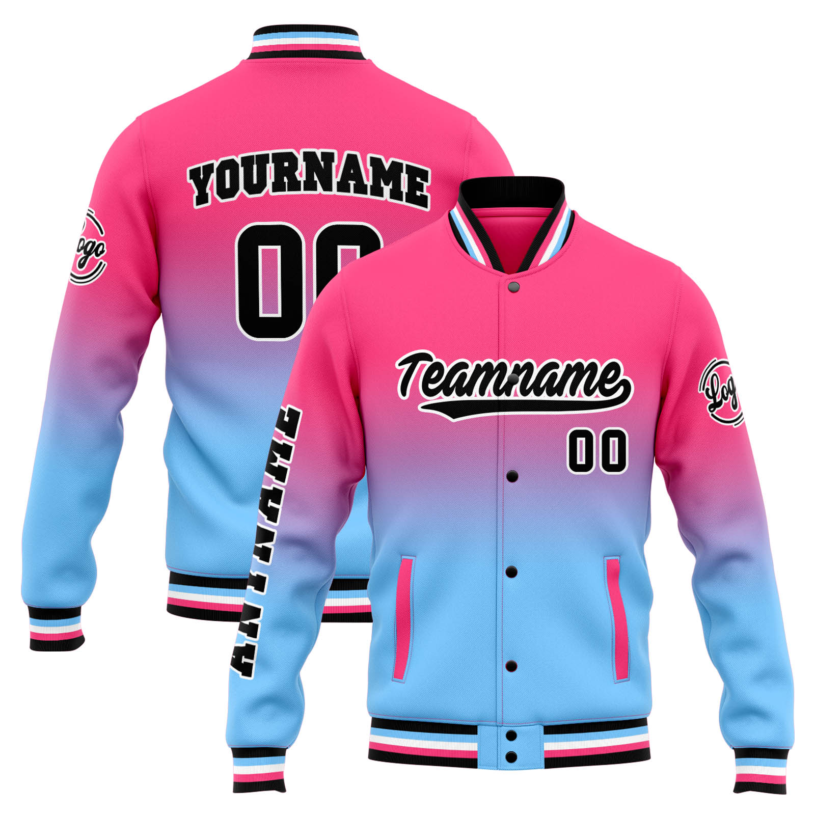 Custom Pink Light Blue Gradient Varsity Jacket for Men Women and Youth with Personalized Letterman Jacket 