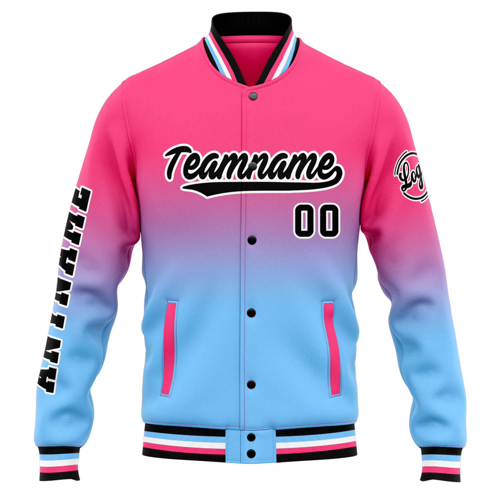Custom Pink Light Blue Gradient Varsity Jacket for Men Women and Youth with Personalized Letterman Jacket 