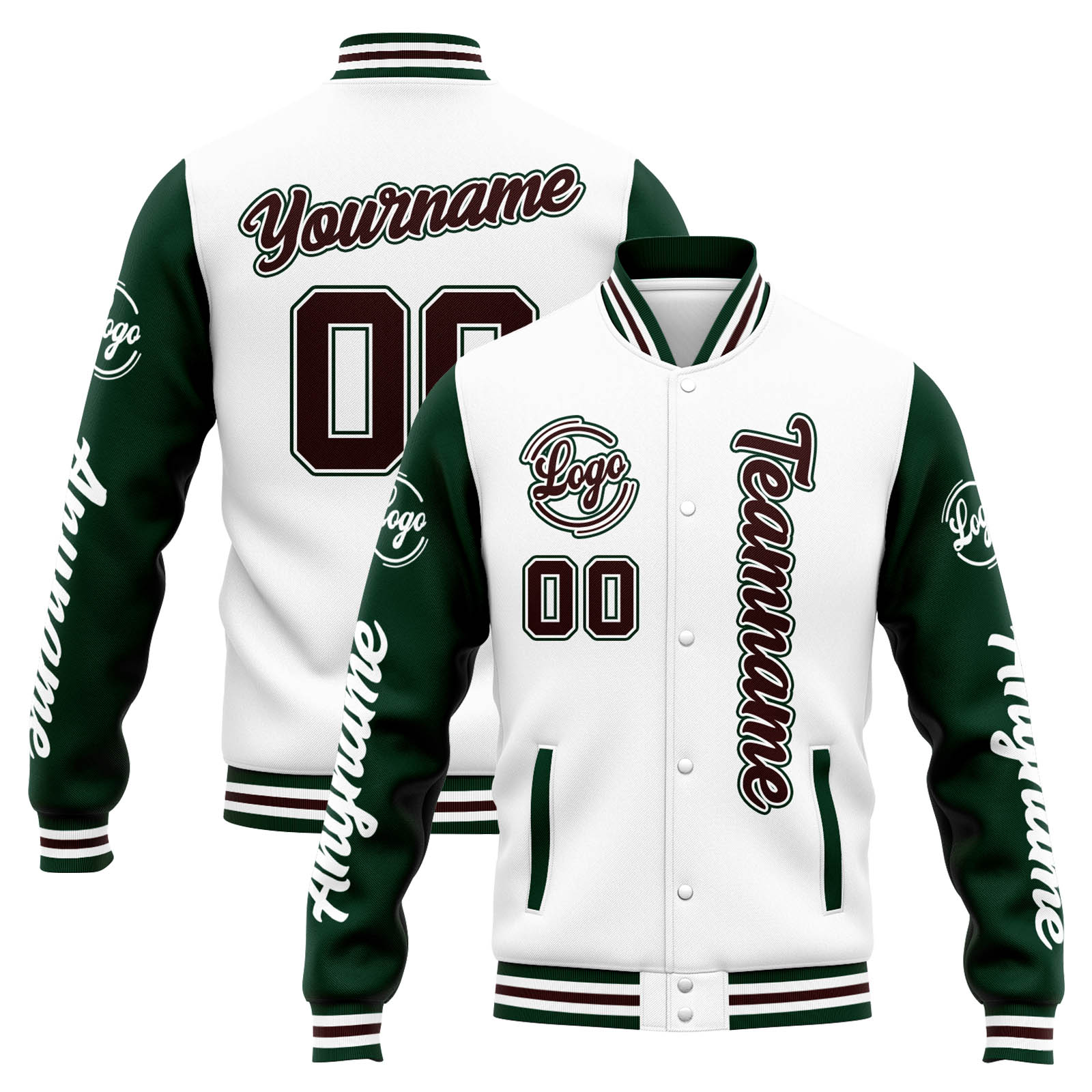 Custom White Green Brown Varsity Jacket for Men Women and Youth with Personalized Letterman Jacket 