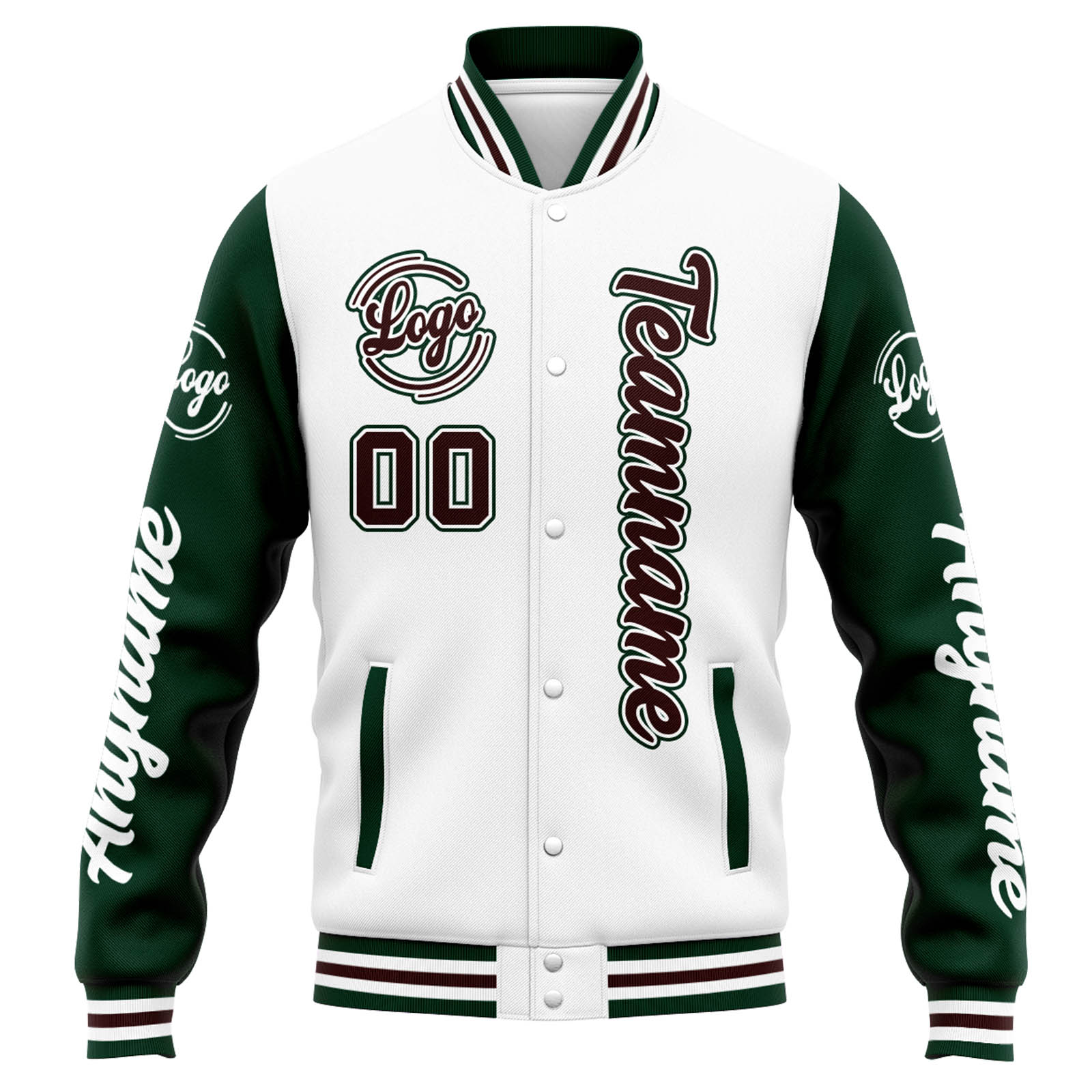 Custom White Green Brown Varsity Jacket for Men Women and Youth with Personalized Letterman Jacket 