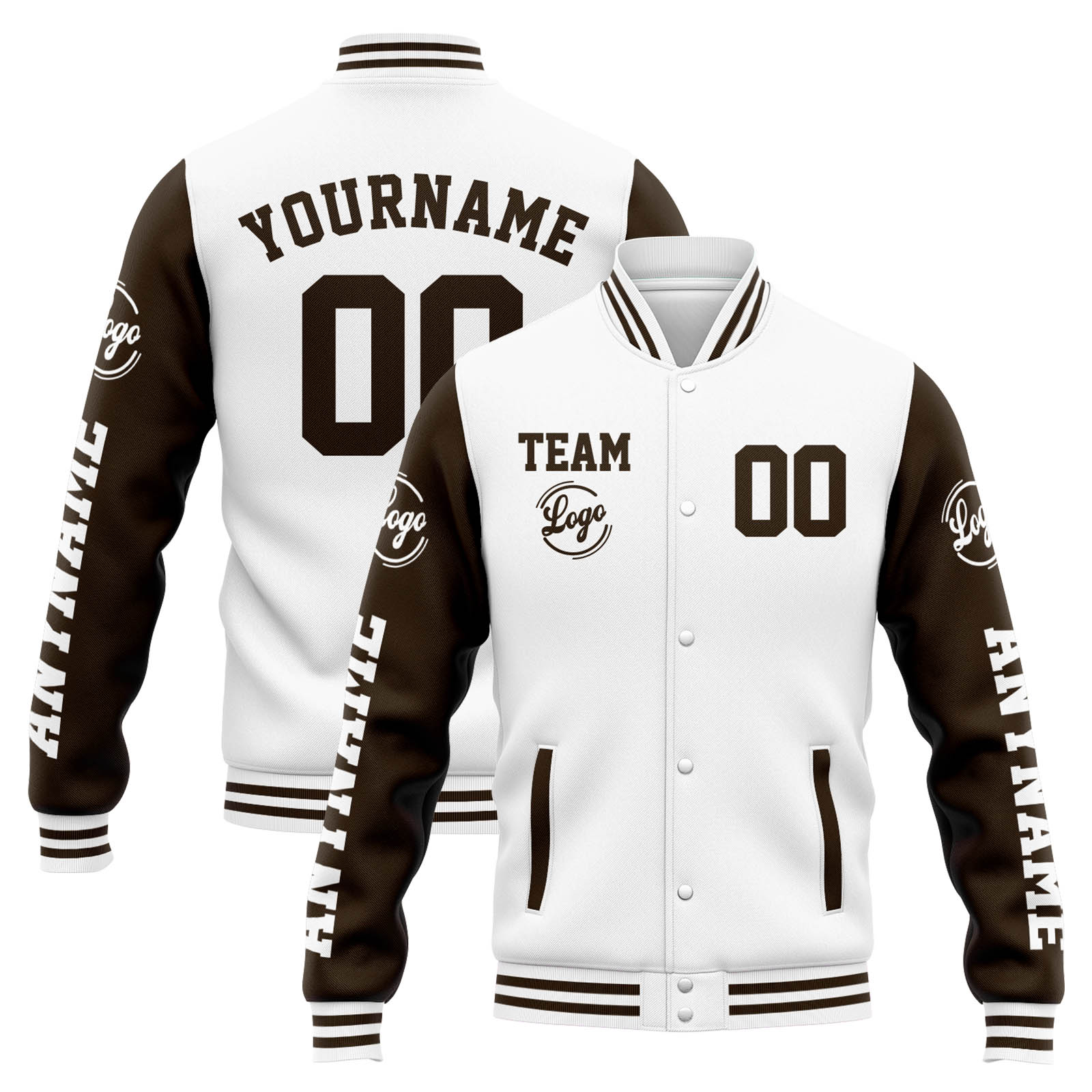 Custom White Brown Varsity Jacket for Men Women and Youth with Personalized Letterman Jacket 