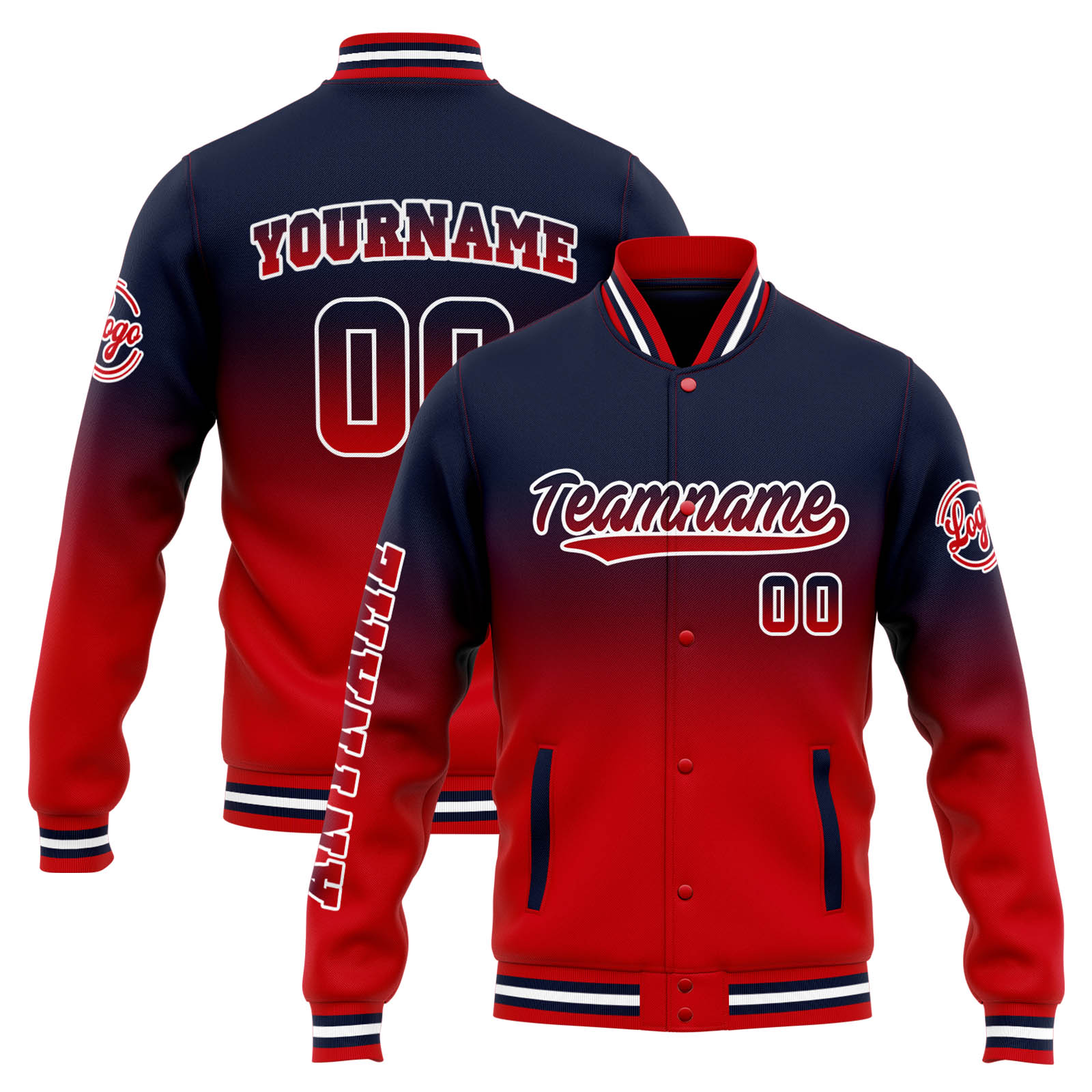 Custom Navy Red Gradient Varsity Jacket for Men Women and Youth with Personalized Letterman Jacket 