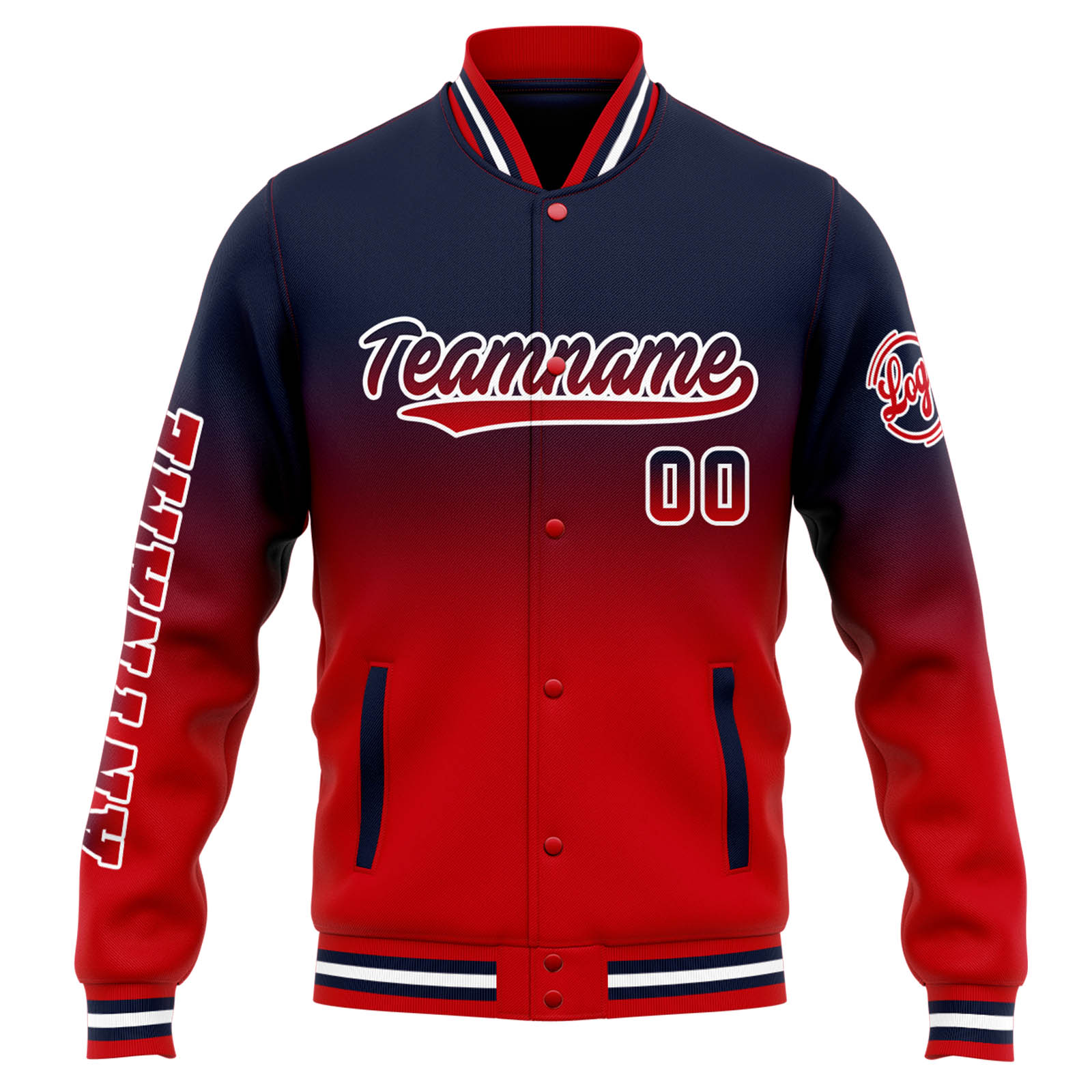 Custom Navy Red Gradient Varsity Jacket for Men Women and Youth with Personalized Letterman Jacket 