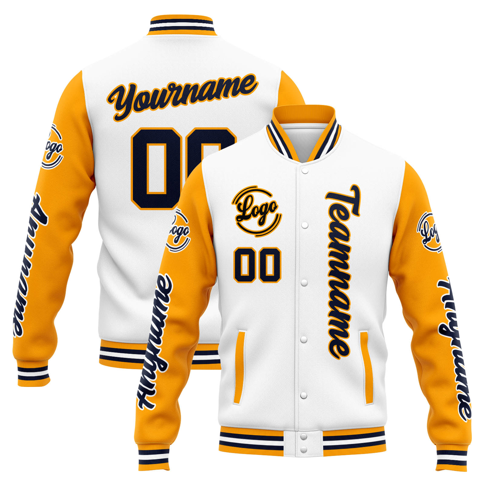 Custom White Orange Navy Varsity Jacket for Men Women and Youth with Personalized Letterman Jacket 