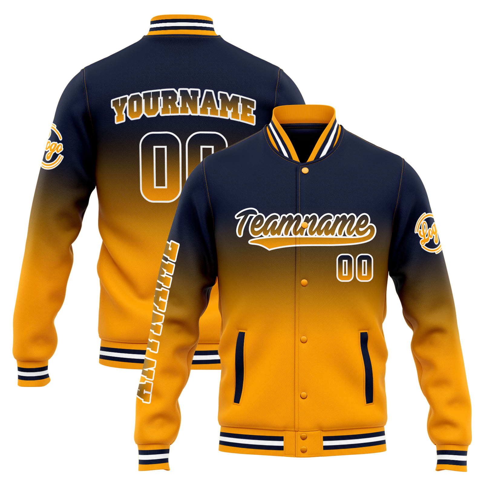 Custom Navy Orange Gradient Varsity Jacket for Men Women and Youth with Personalized Letterman Jacket 