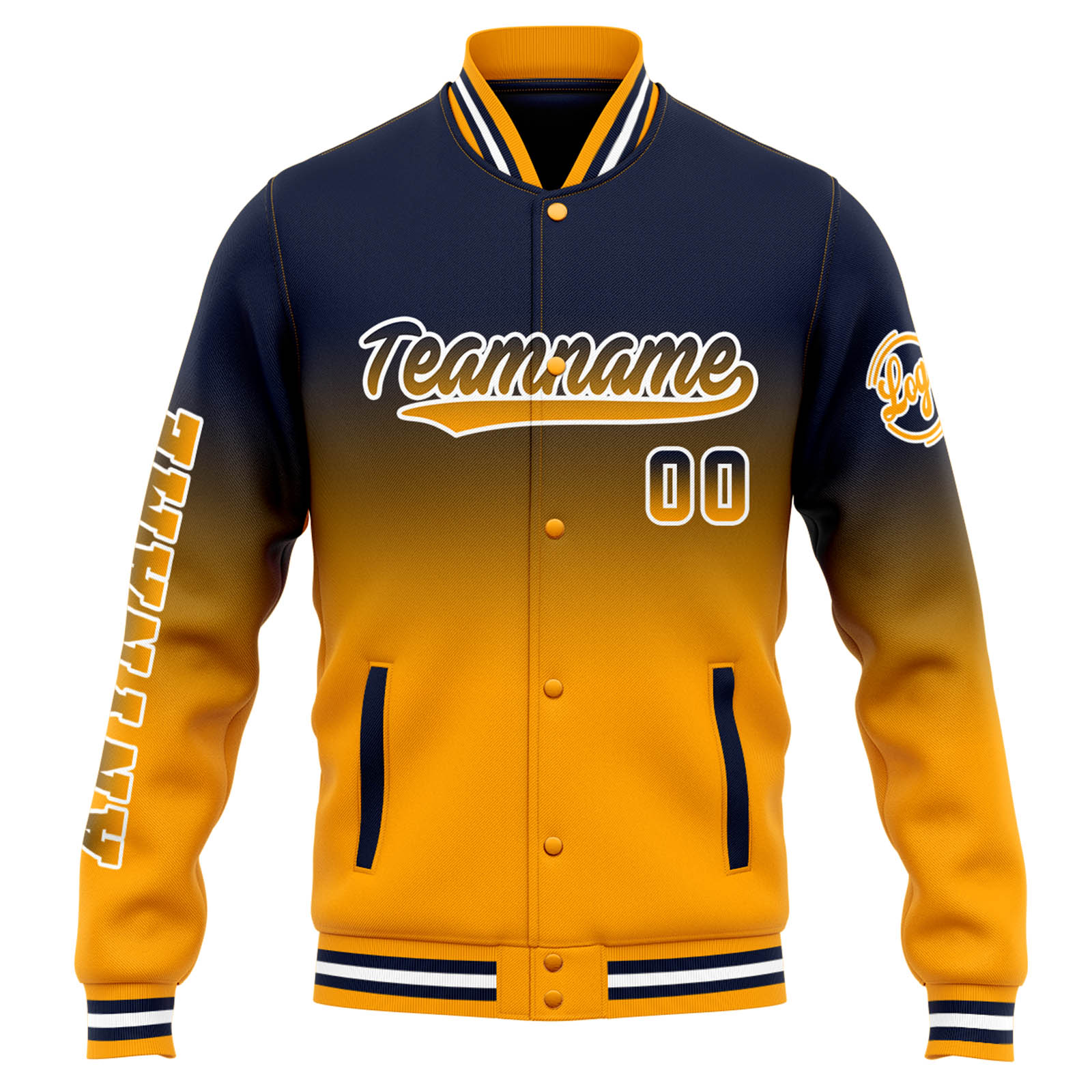 Custom Navy Orange Gradient Varsity Jacket for Men Women and Youth with Personalized Letterman Jacket 