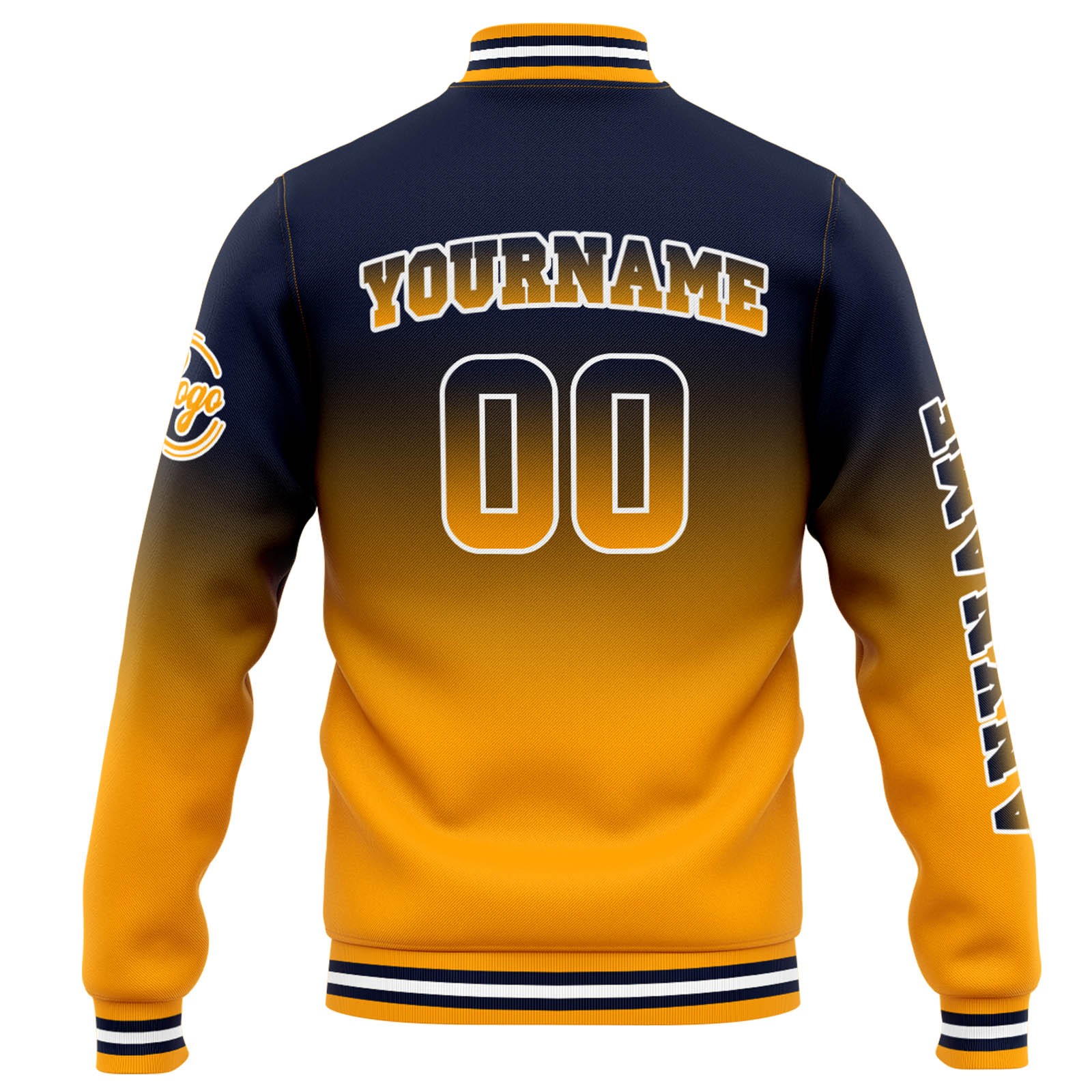 Custom Navy Orange Gradient Varsity Jacket for Men Women and Youth with Personalized Letterman Jacket 