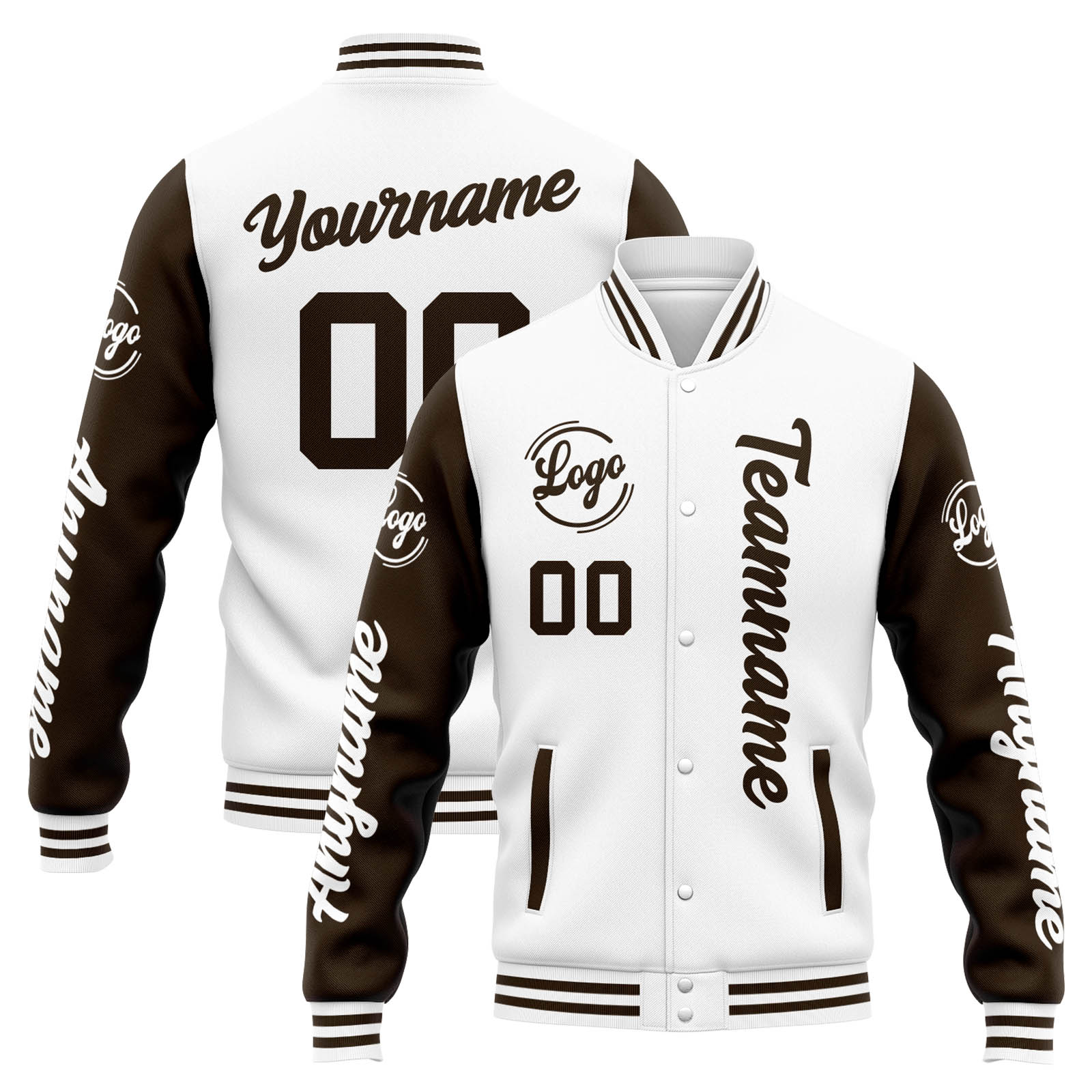 Custom White Brown Varsity Jacket for Men Women and Youth with Personalized Letterman Jacket 