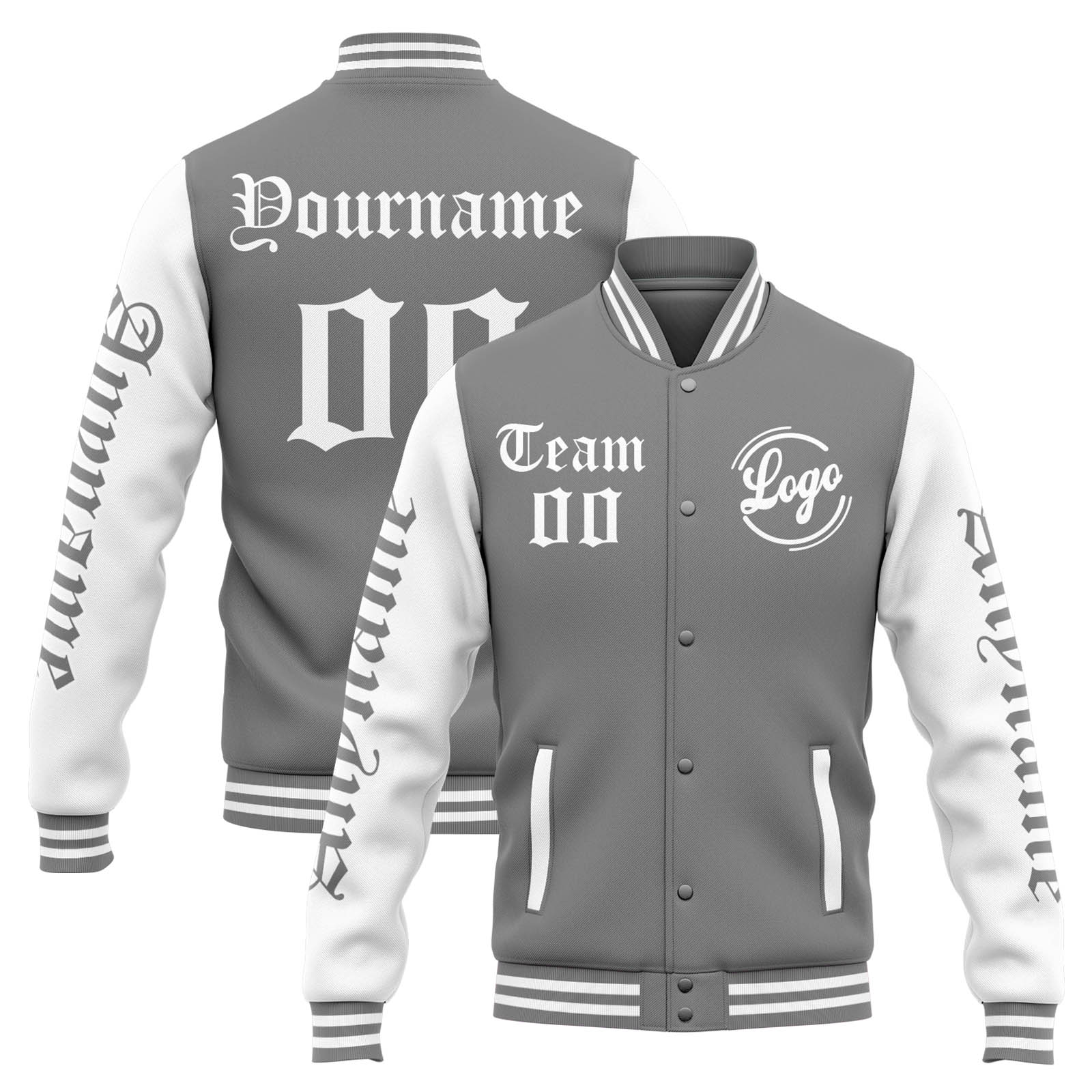 Custom Grey White Varsity Jacket for Men Women and Youth with Personalized Letterman Jacket 