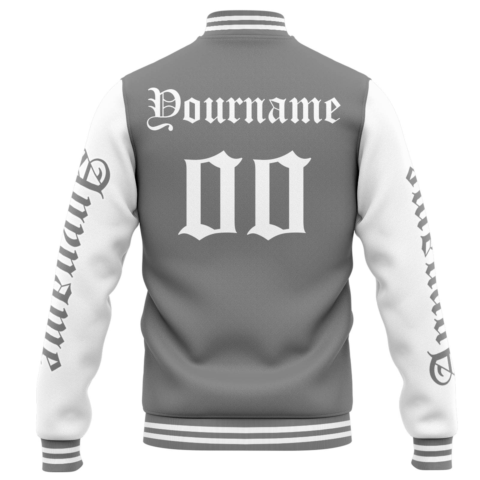 Custom Grey White Varsity Jacket for Men Women and Youth with Personalized Letterman Jacket 