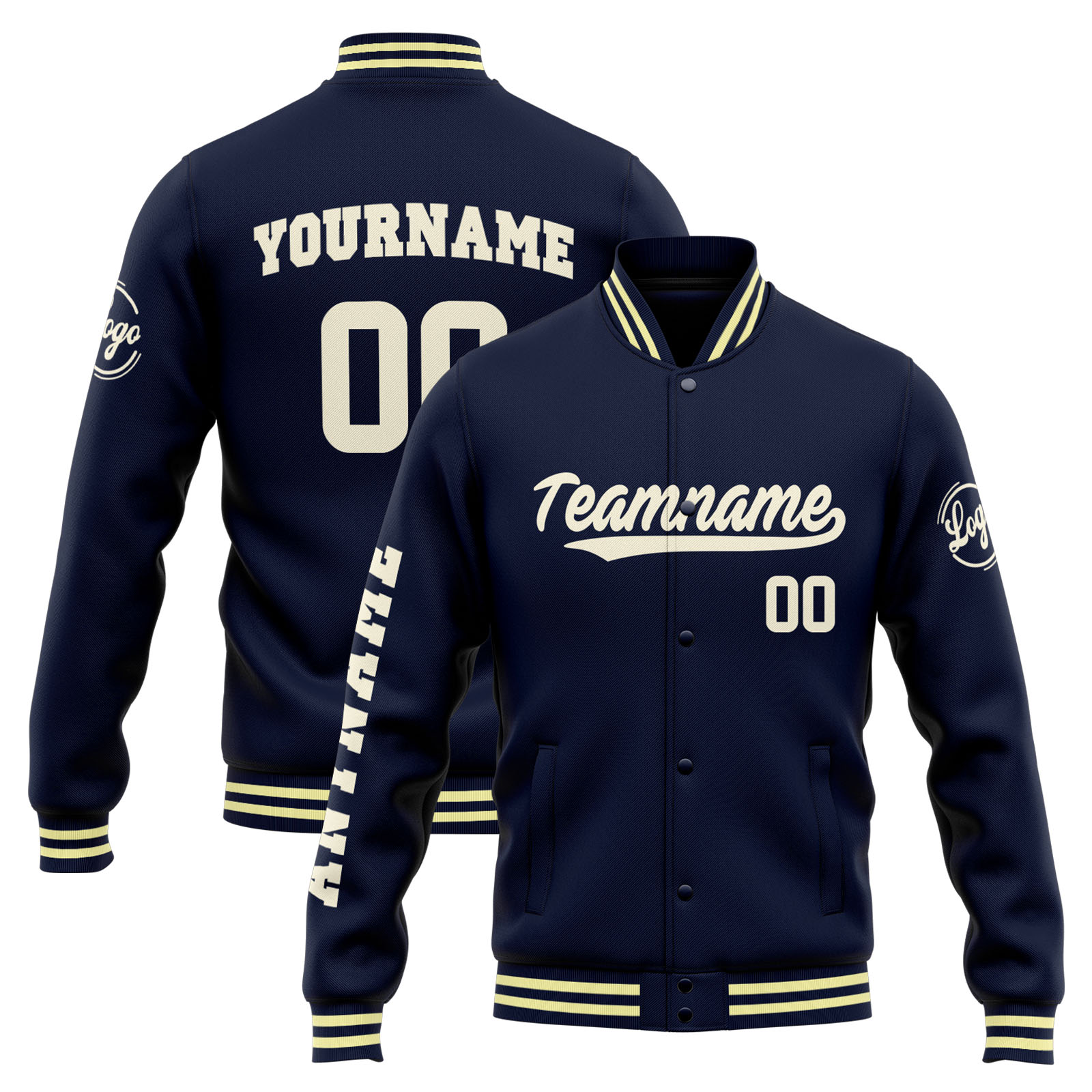 Custom Navy Cream Varsity Jacket for Men Women and Youth with Personalized Letterman Jacket 