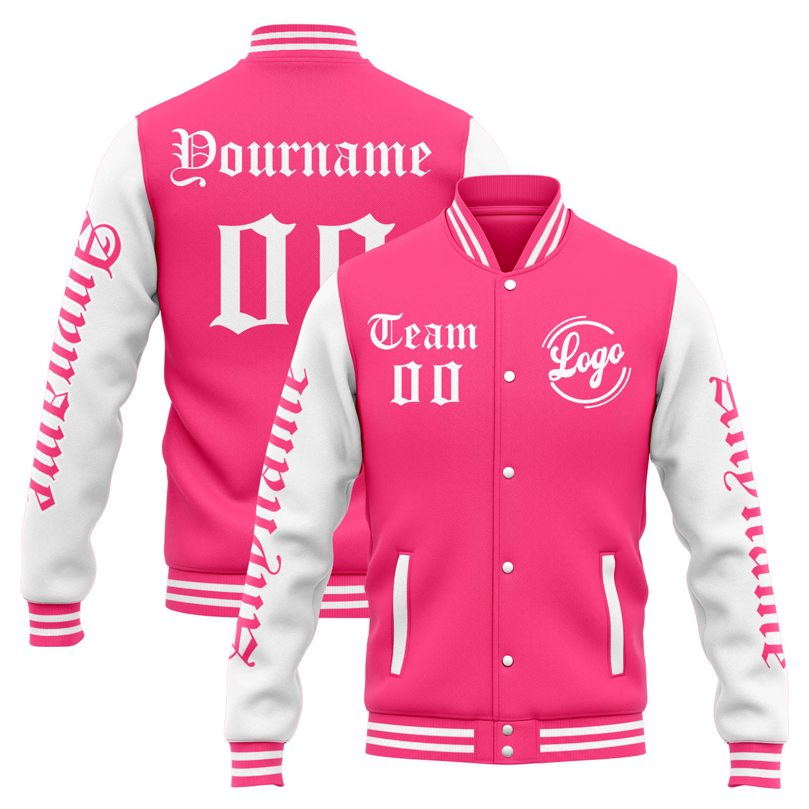 Custom Pink White Varsity Jacket for Men Women and Youth with Personalized Letterman Jacket 