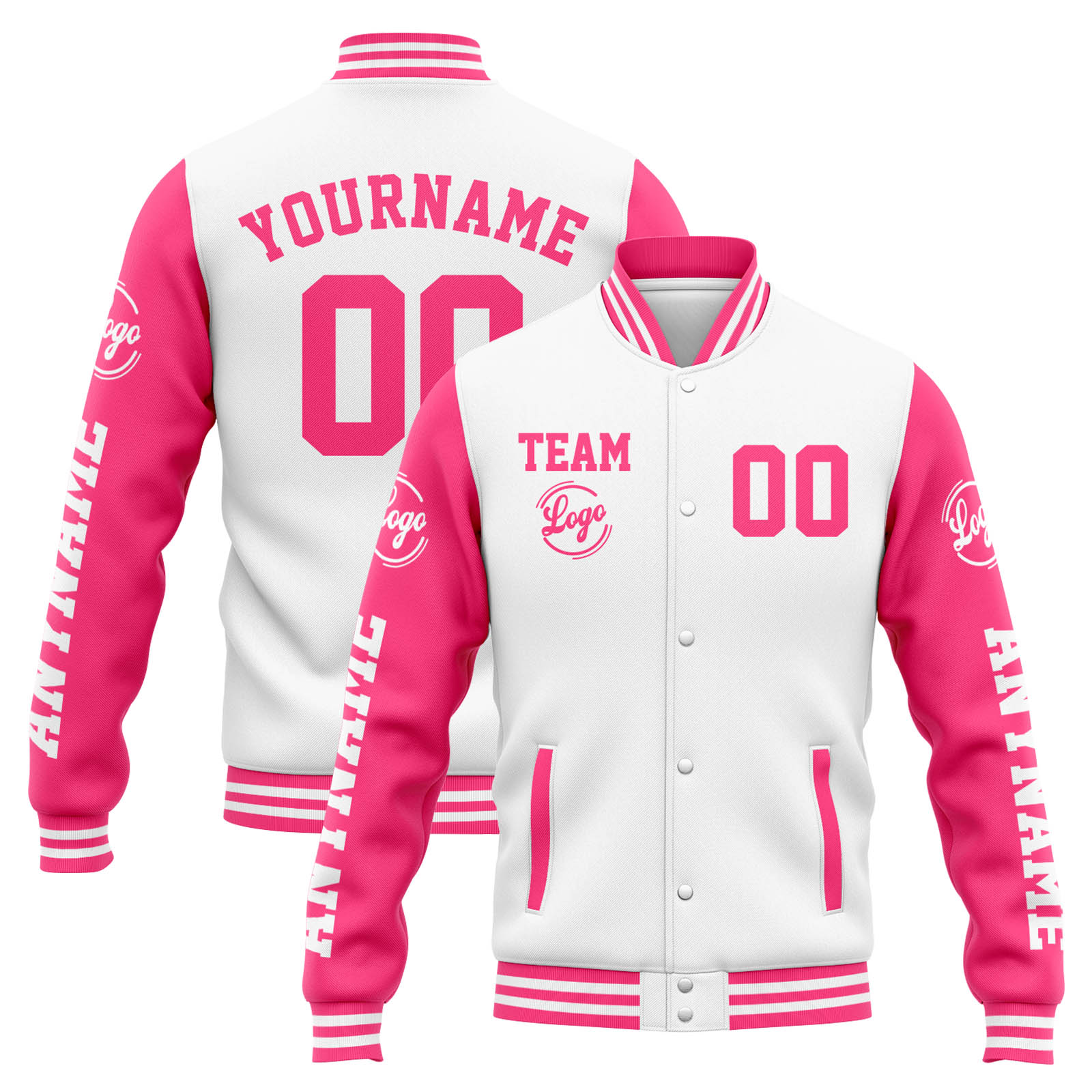 Custom White Pink Varsity Jacket for Men Women and Youth with Personalized Letterman Jacket 