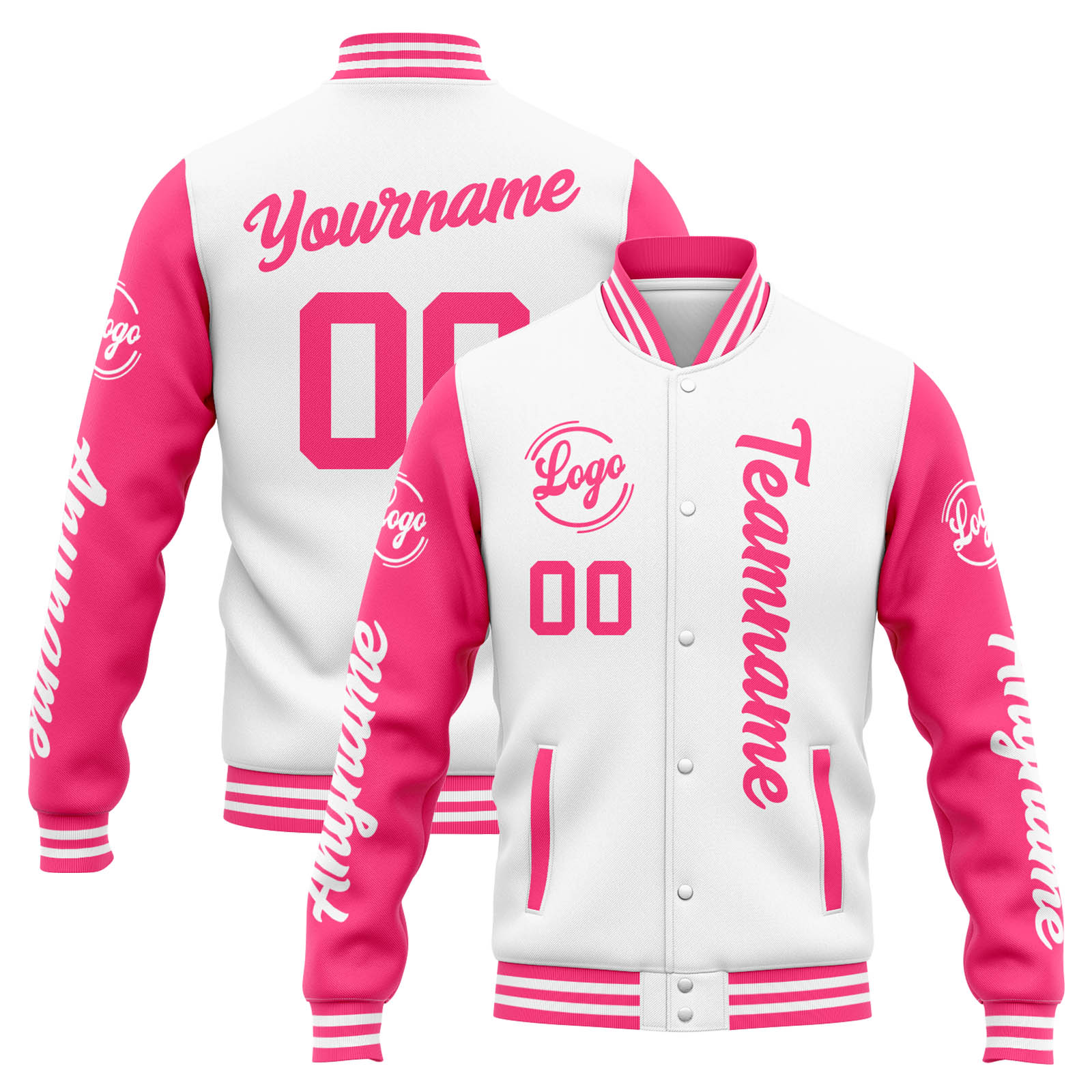 Custom White Pink Varsity Jacket for Men Women and Youth with Personalized Letterman Jacket 