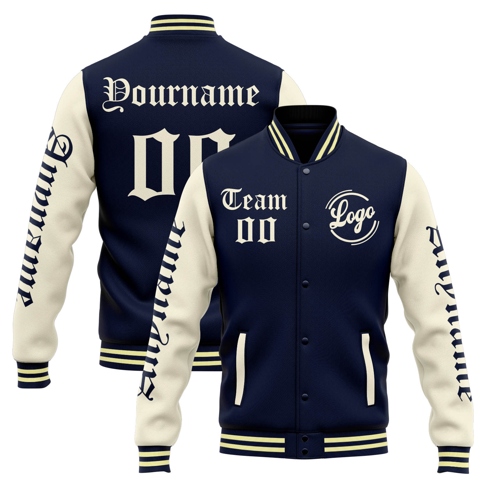 Custom Navy Cream Varsity Jacket for Men Women and Youth with Personalized Letterman Jacket 