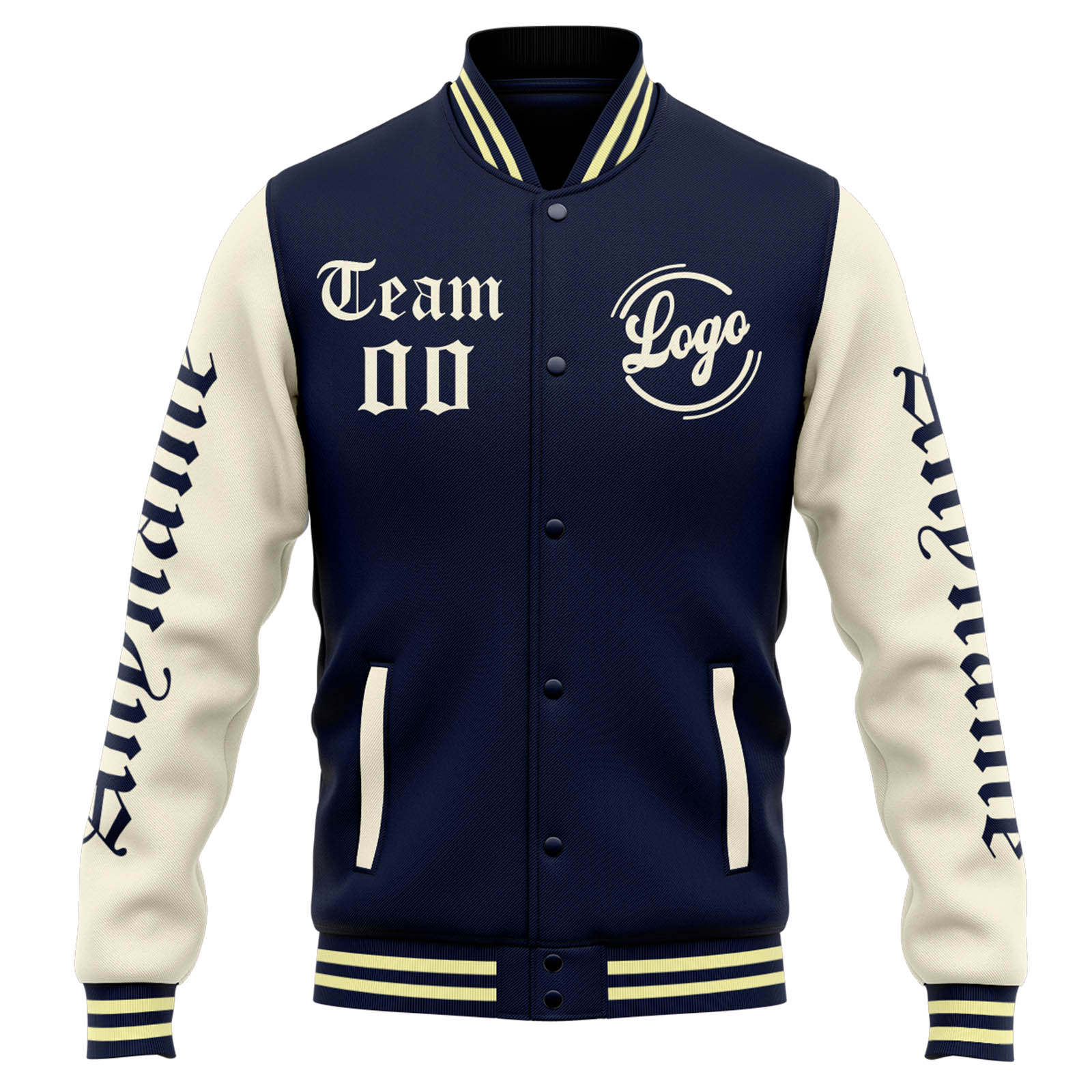 Custom Navy Cream Varsity Jacket for Men Women and Youth with Personalized Letterman Jacket 