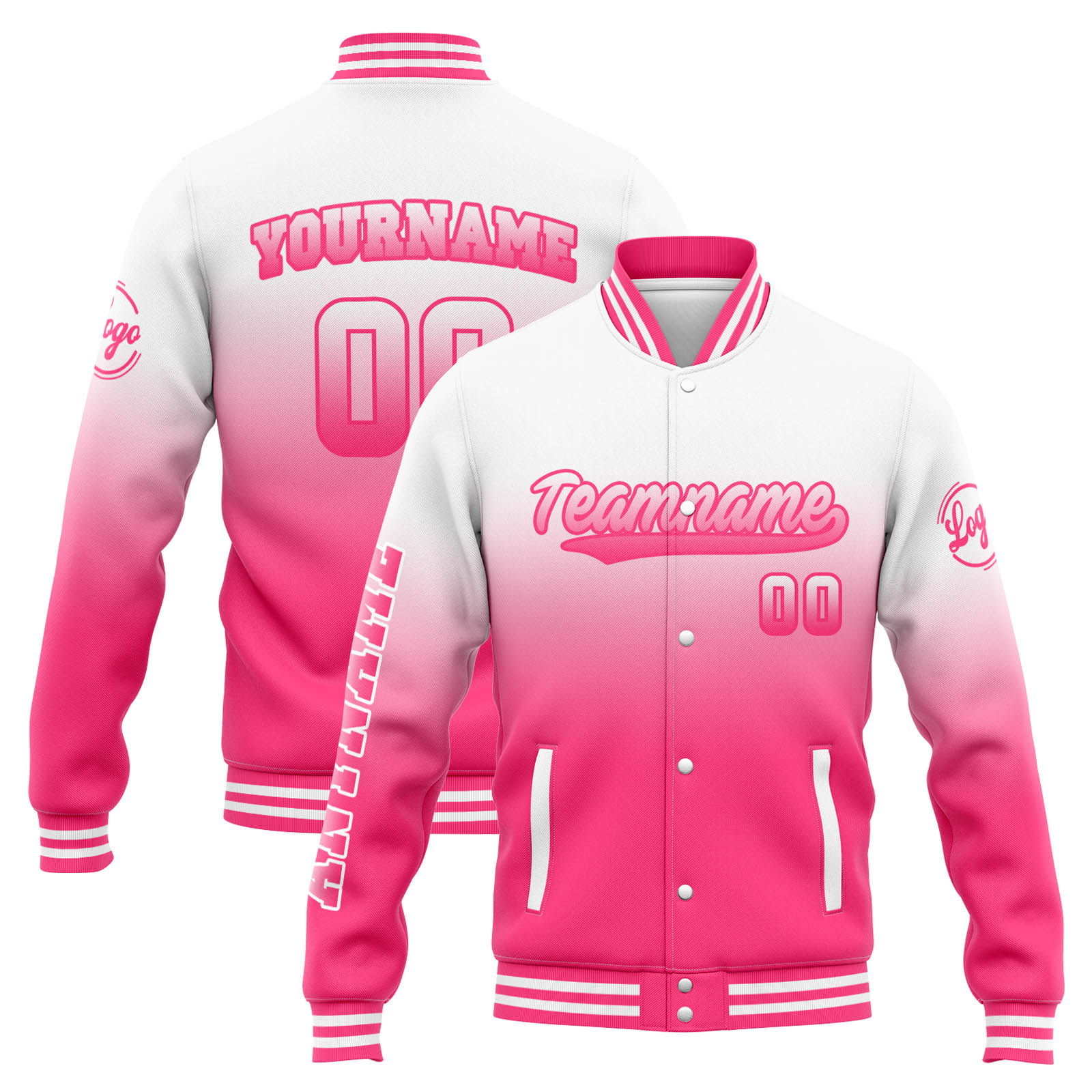 Custom White Pink Gradient Varsity Jacket for Men Women and Youth with Personalized Letterman Jacket 