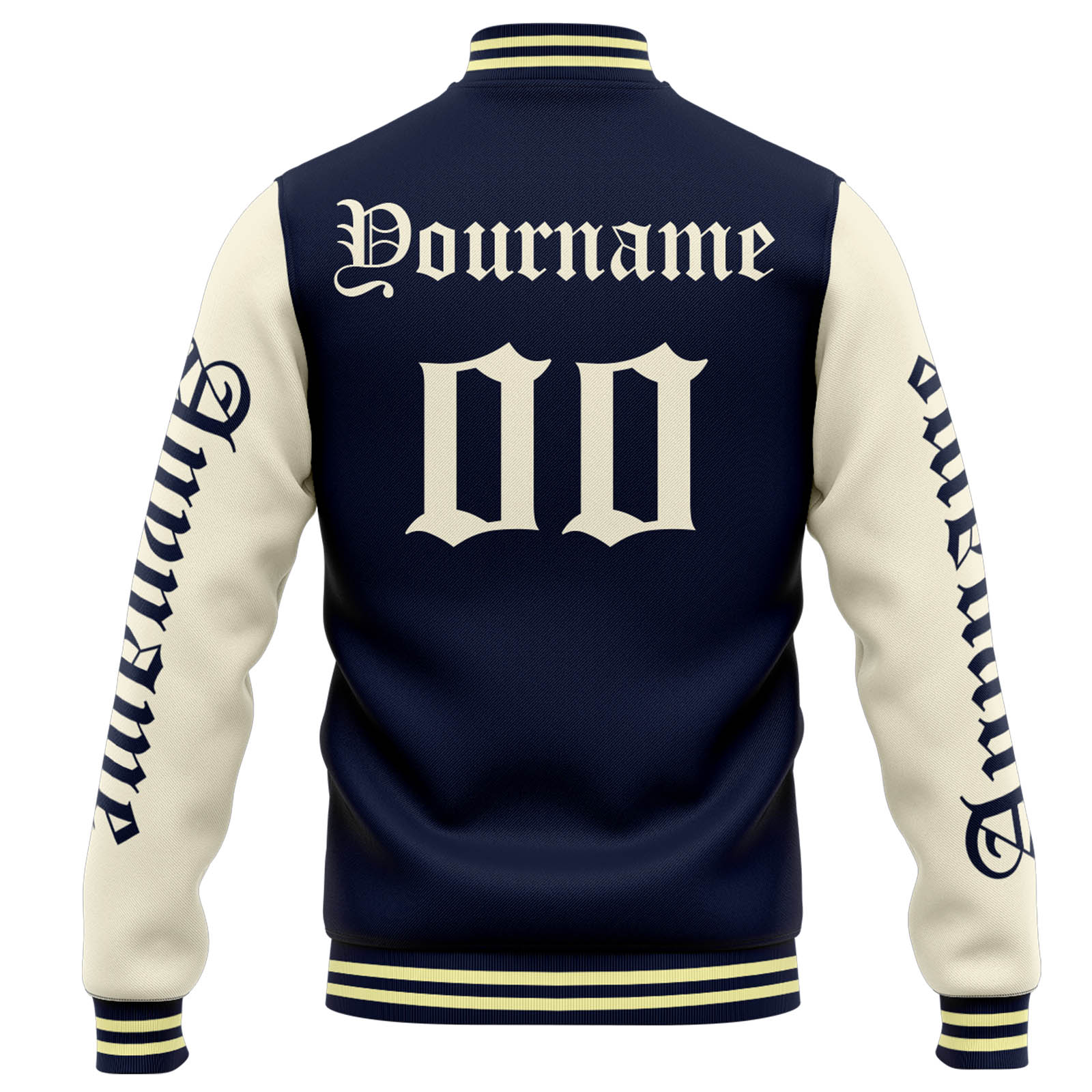 Custom Navy Cream Varsity Jacket for Men Women and Youth with Personalized Letterman Jacket 