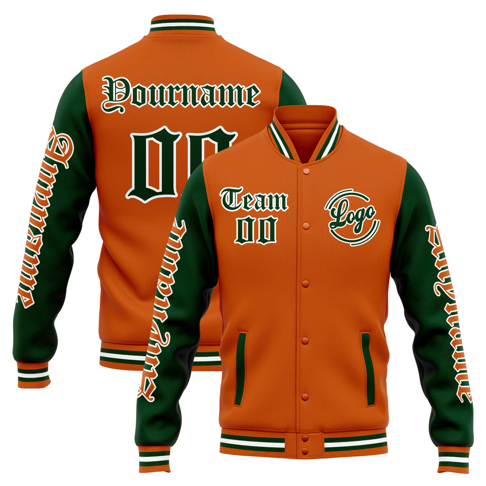 Custom Orange Dark Green Varsity Jacket for Men Women and Youth with Personalized Letterman Jacket 