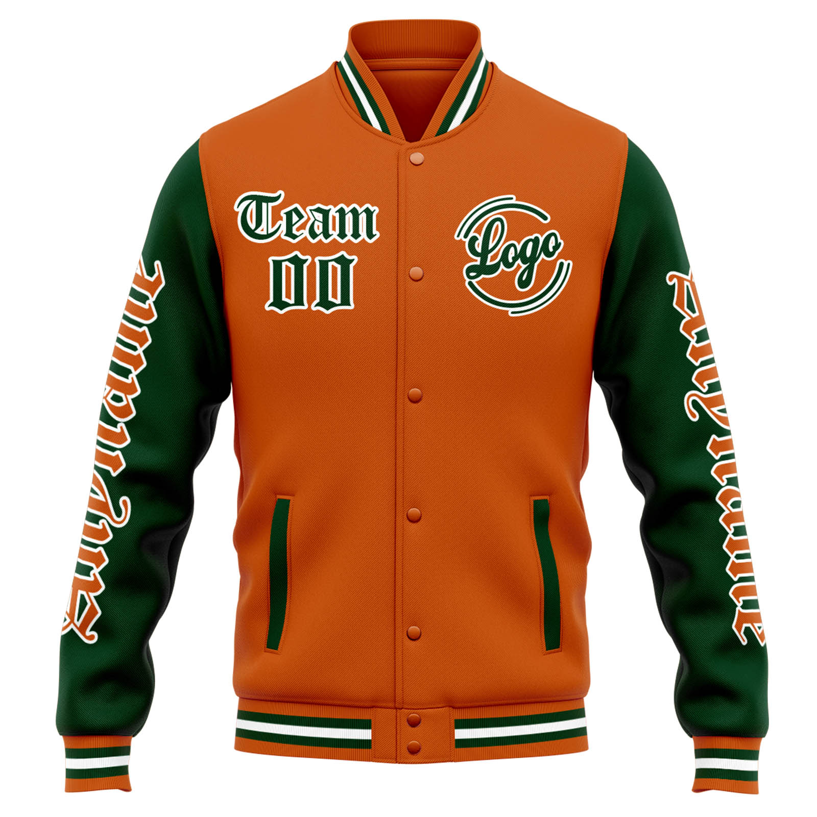 Custom Orange Dark Green Varsity Jacket for Men Women and Youth with Personalized Letterman Jacket 