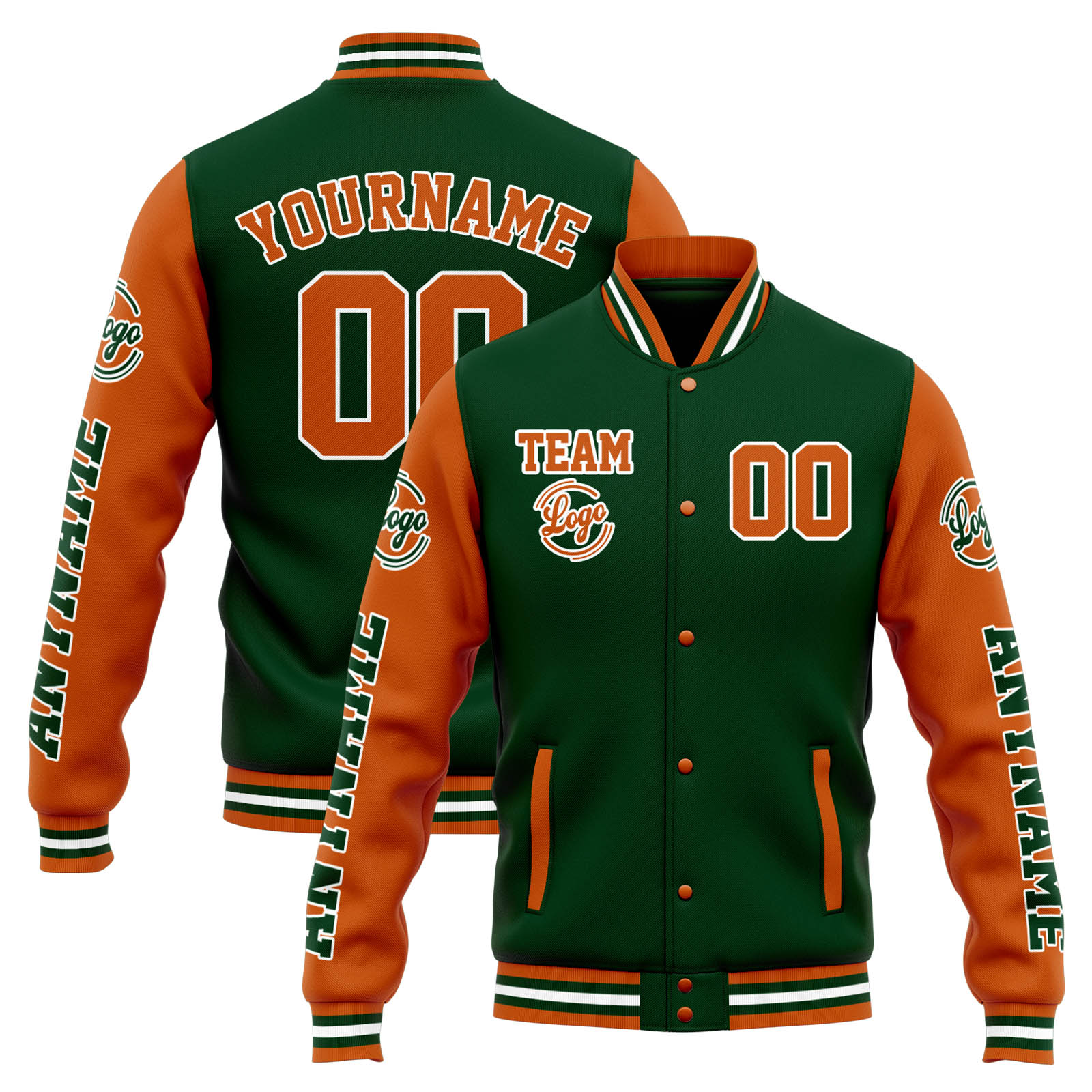 Custom Drak Green Orange Varsity Jacket for Men Women and Youth with Personalized Letterman Jacket 