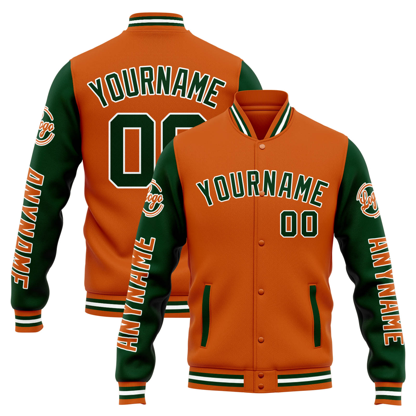 Custom Orange Dark Green Varsity Jacket for Men Women and Youth with Personalized Letterman Jacket 