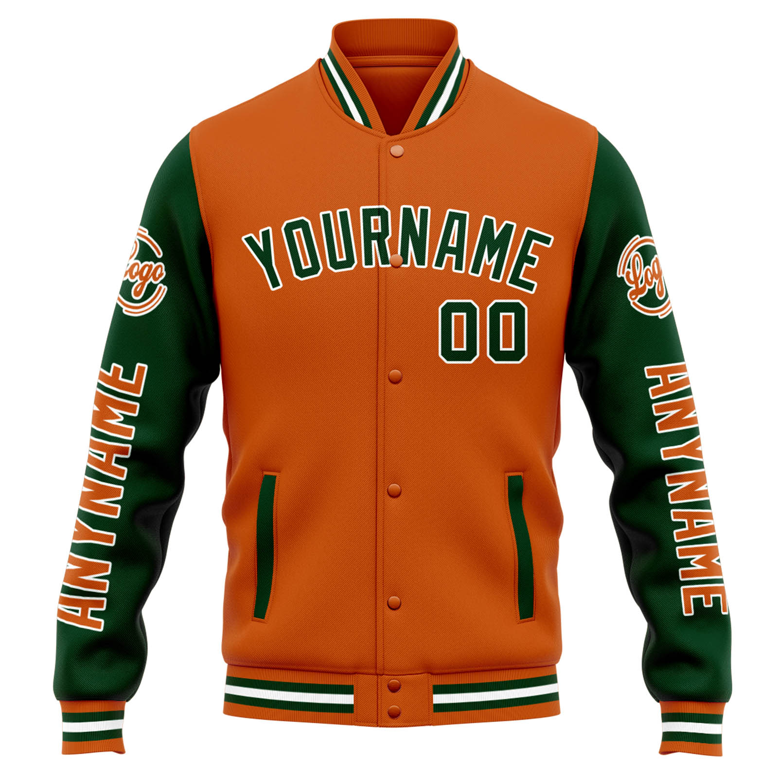 Custom Orange Dark Green Varsity Jacket for Men Women and Youth with Personalized Letterman Jacket 