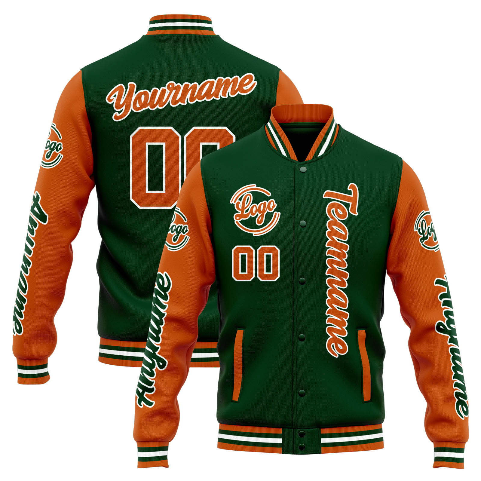 Custom Drak Green Orange Varsity Jacket for Men Women and Youth with Personalized Letterman Jacket 
