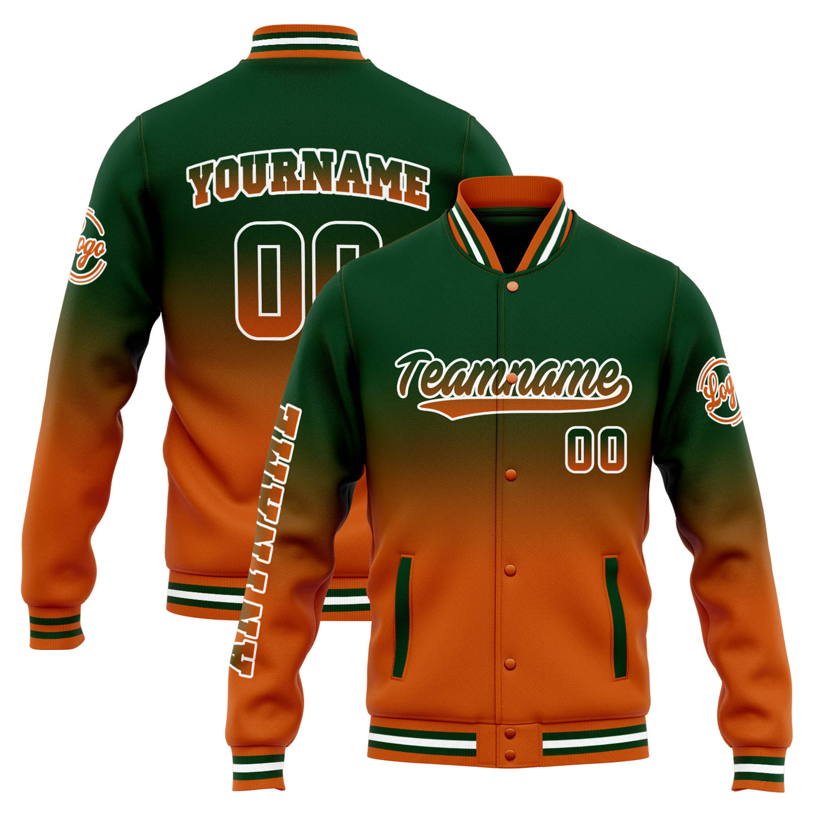 Custom Drak Green Orange Gradient Varsity Jacket for Men Women and Youth with Personalized Letterman Jacket 