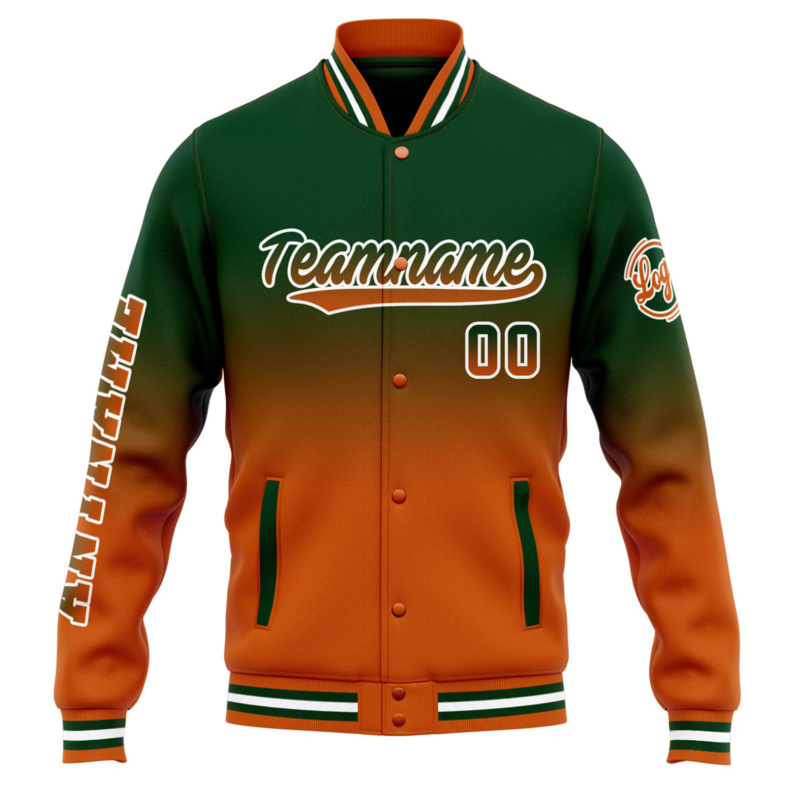Custom Drak Green Orange Gradient Varsity Jacket for Men Women and Youth with Personalized Letterman Jacket 
