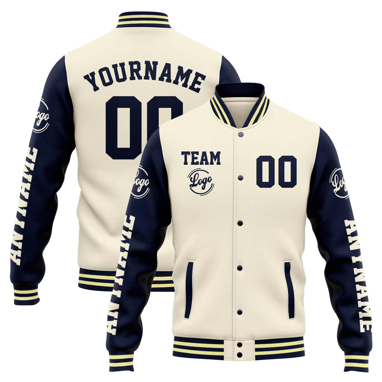 Custom Cream Navy Varsity Jacket for Men Women and Youth with Personalized Letterman Jacket 