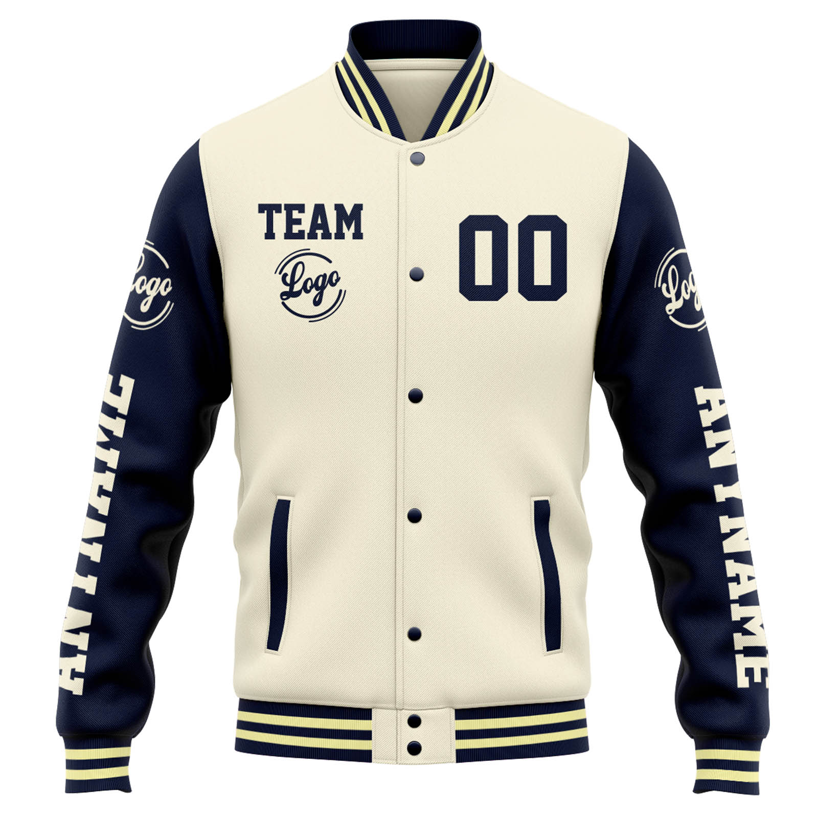 Custom Cream Navy Varsity Jacket for Men Women and Youth with Personalized Letterman Jacket 