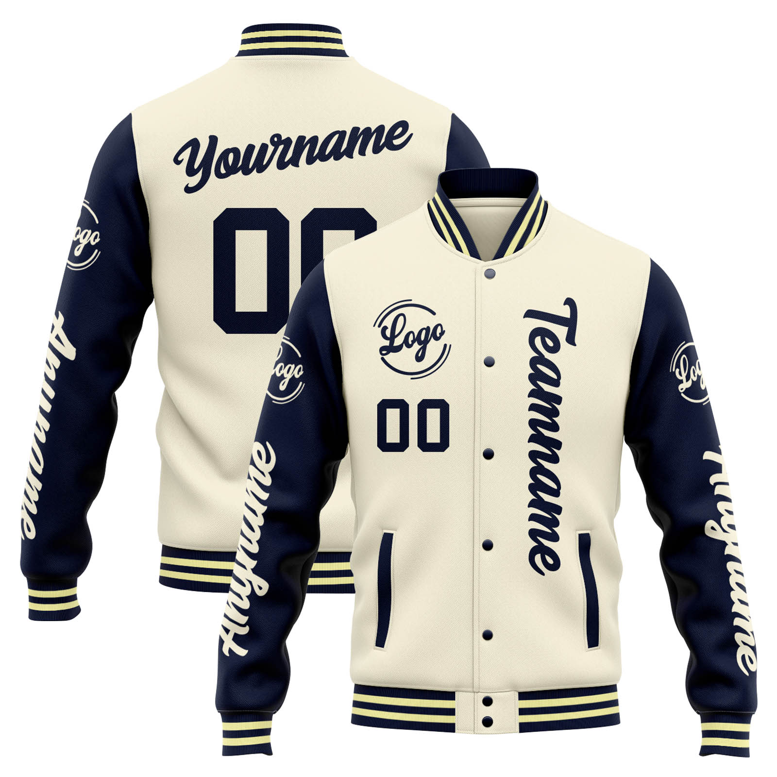 Custom Cream Navy Varsity Jacket for Men Women and Youth with Personalized Letterman Jacket 