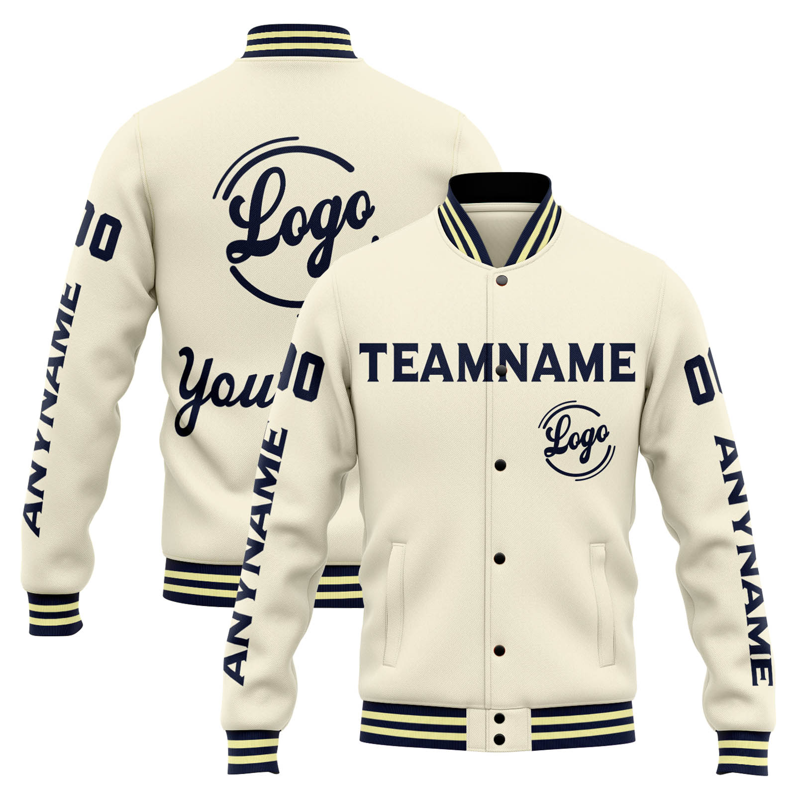 Custom Cream Navy Varsity Jacket for Men Women and Youth with Personalized Letterman Jacket 