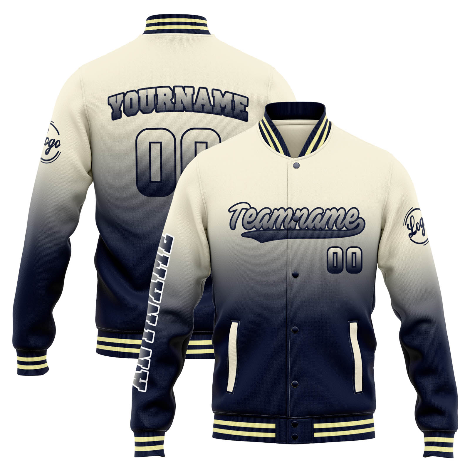 Custom Cream Navy Gradient Varsity Jacket for Men Women and Youth with Personalized Letterman Jacket 
