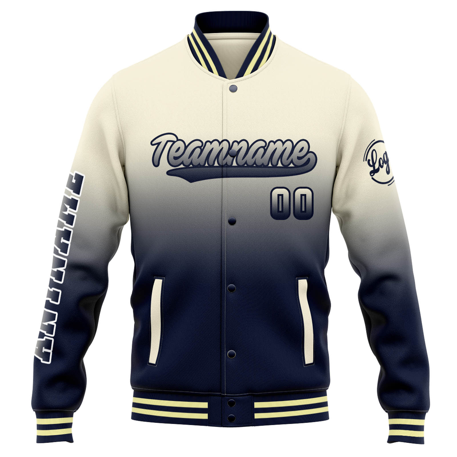 Custom Cream Navy Gradient Varsity Jacket for Men Women and Youth with Personalized Letterman Jacket 