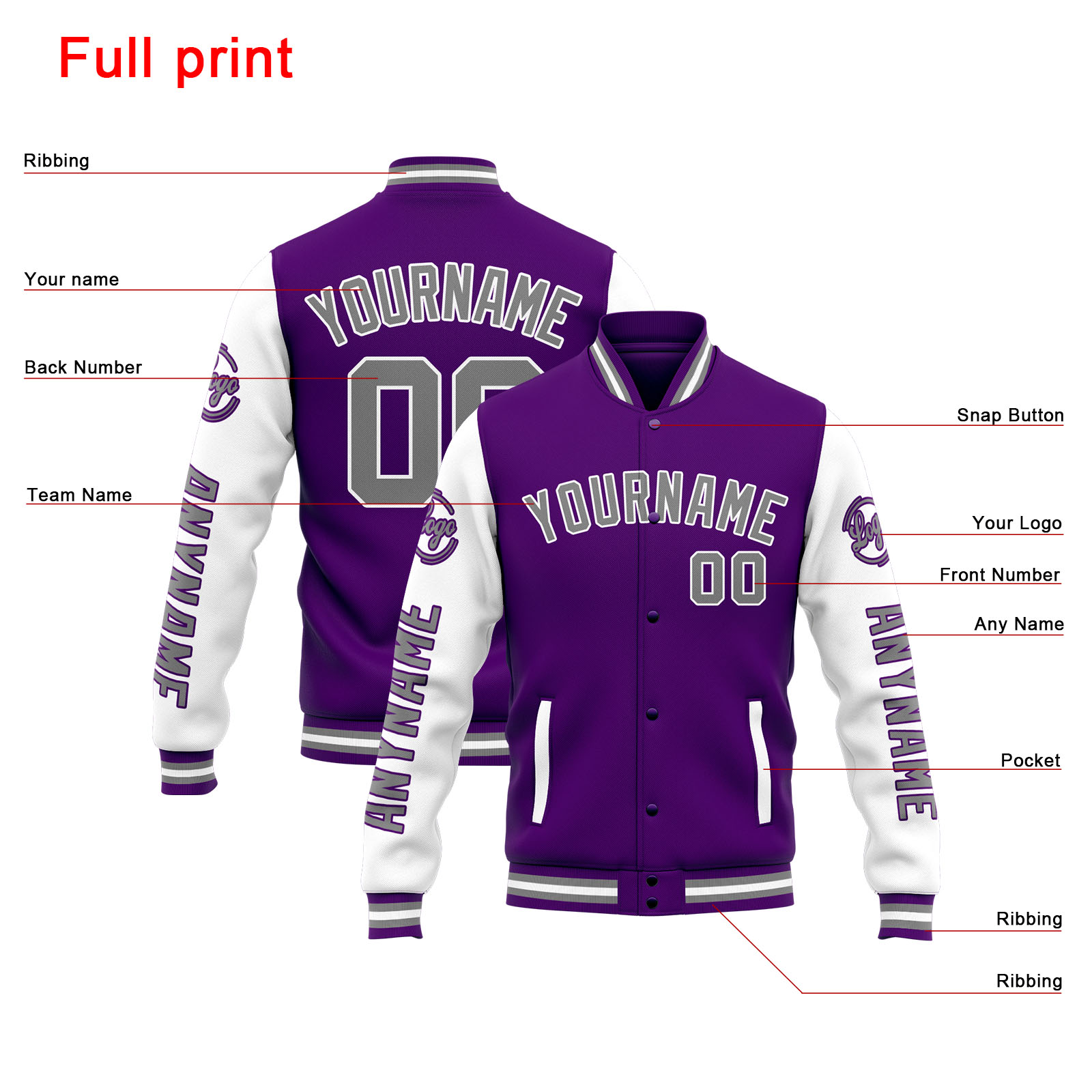 Custom Purple White Varsity Jacket for Men Women and Youth with Personalized Letterman Jacket 