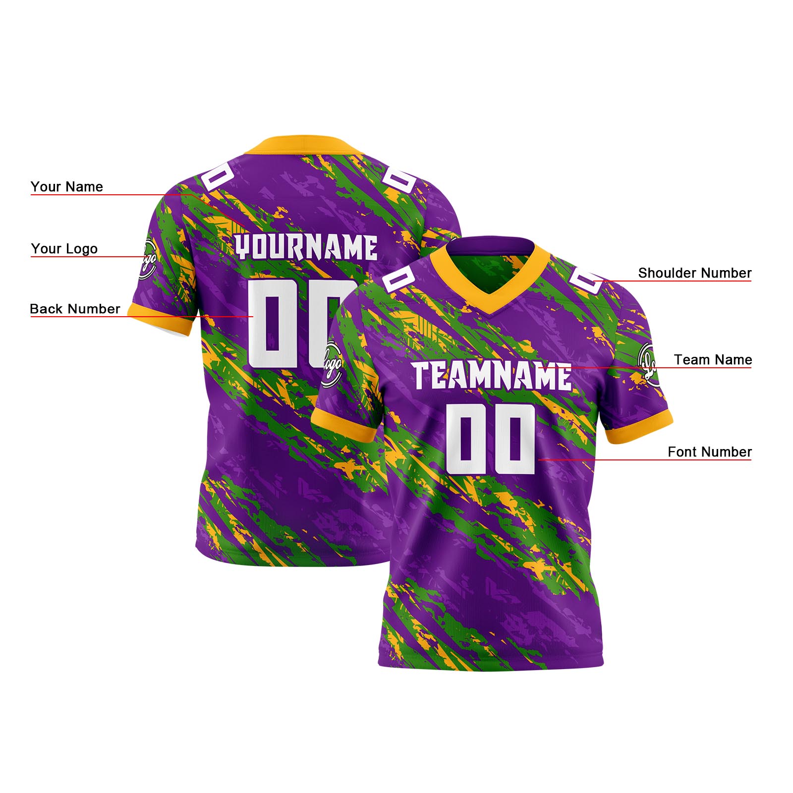 Custom Purple Green Reversible Football Jersey Personalized Gradient Football Shirts for Men Printed Team Name Number Logo