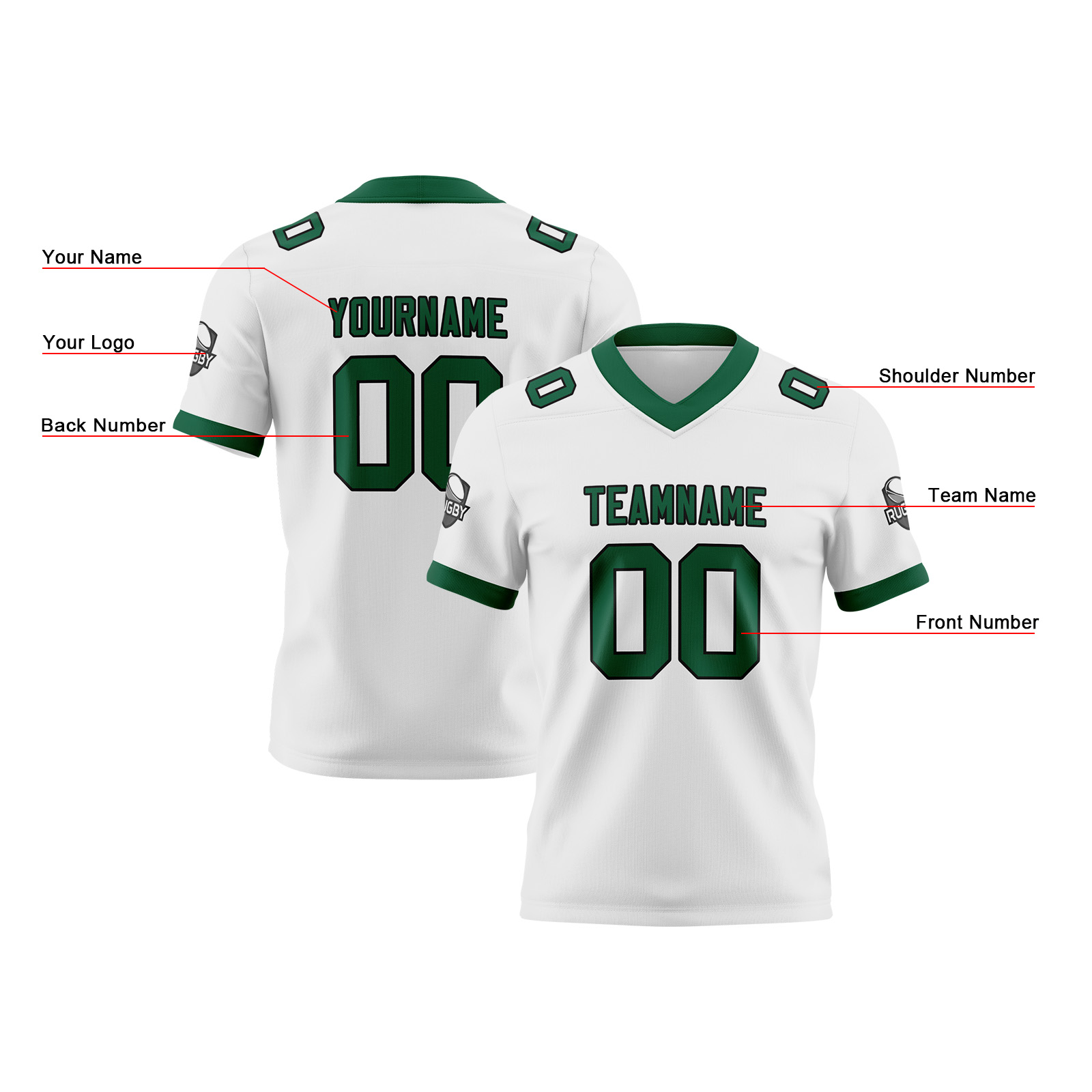 Custom White Green Football Jersey Personalized Football Shirts for Men Printed Team Name Number Logo